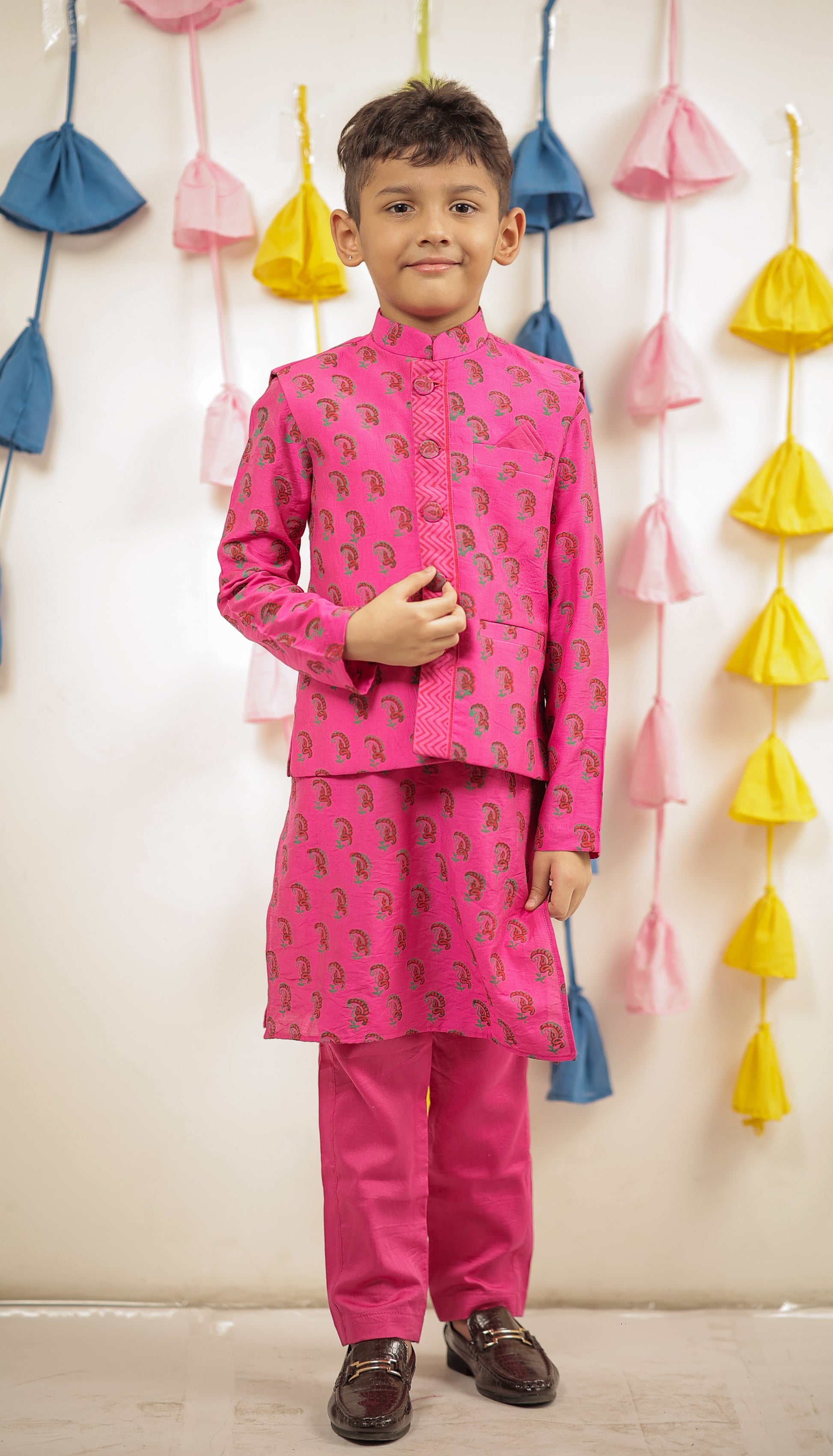 Pink block printed kurta set with jacket