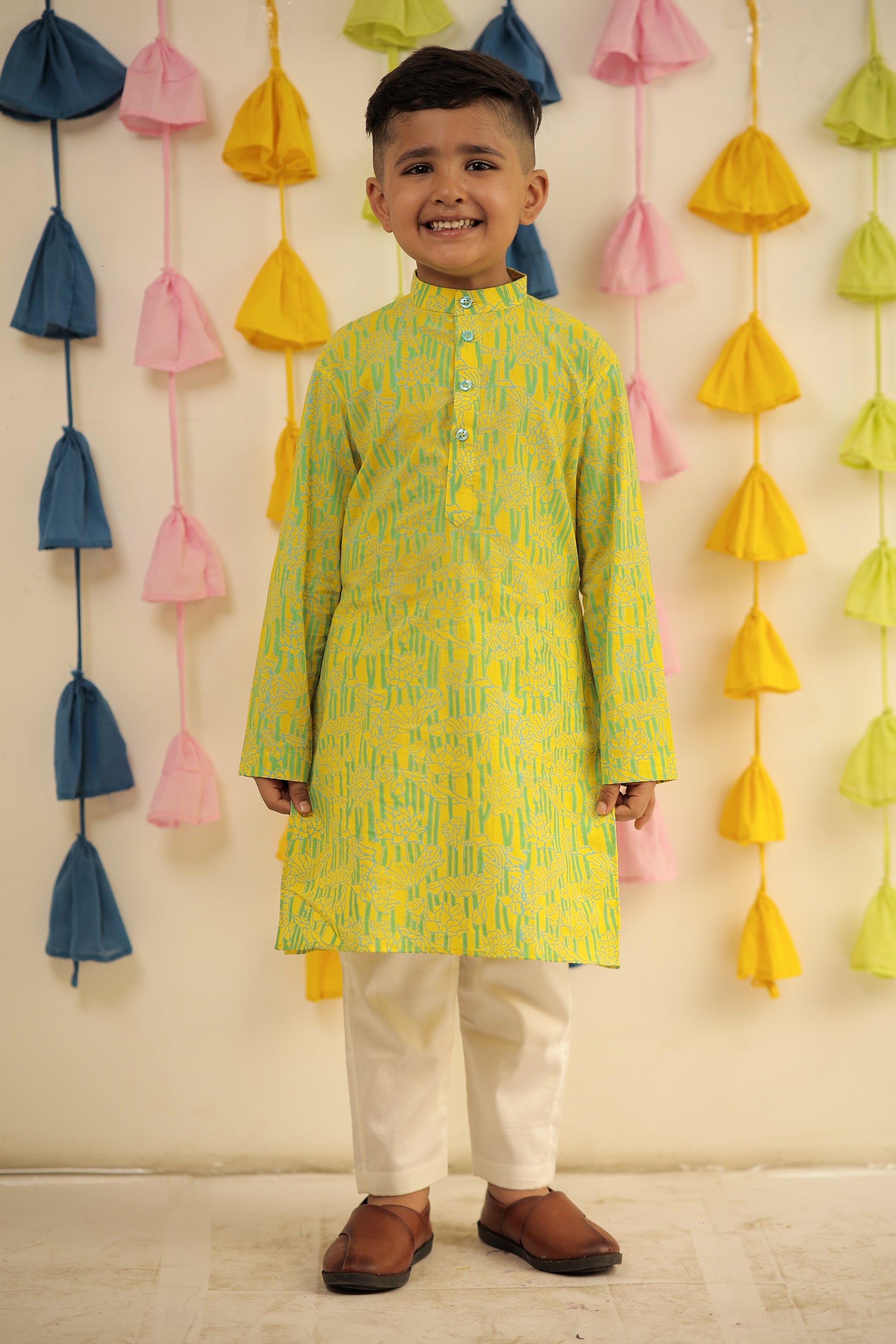 Lemon yellow Block printed kurta set