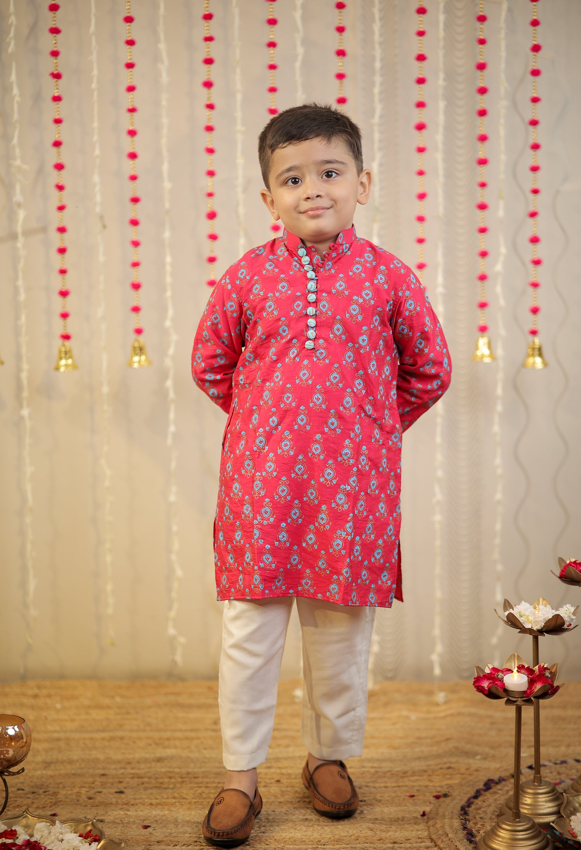 Pink block printed kurta set.