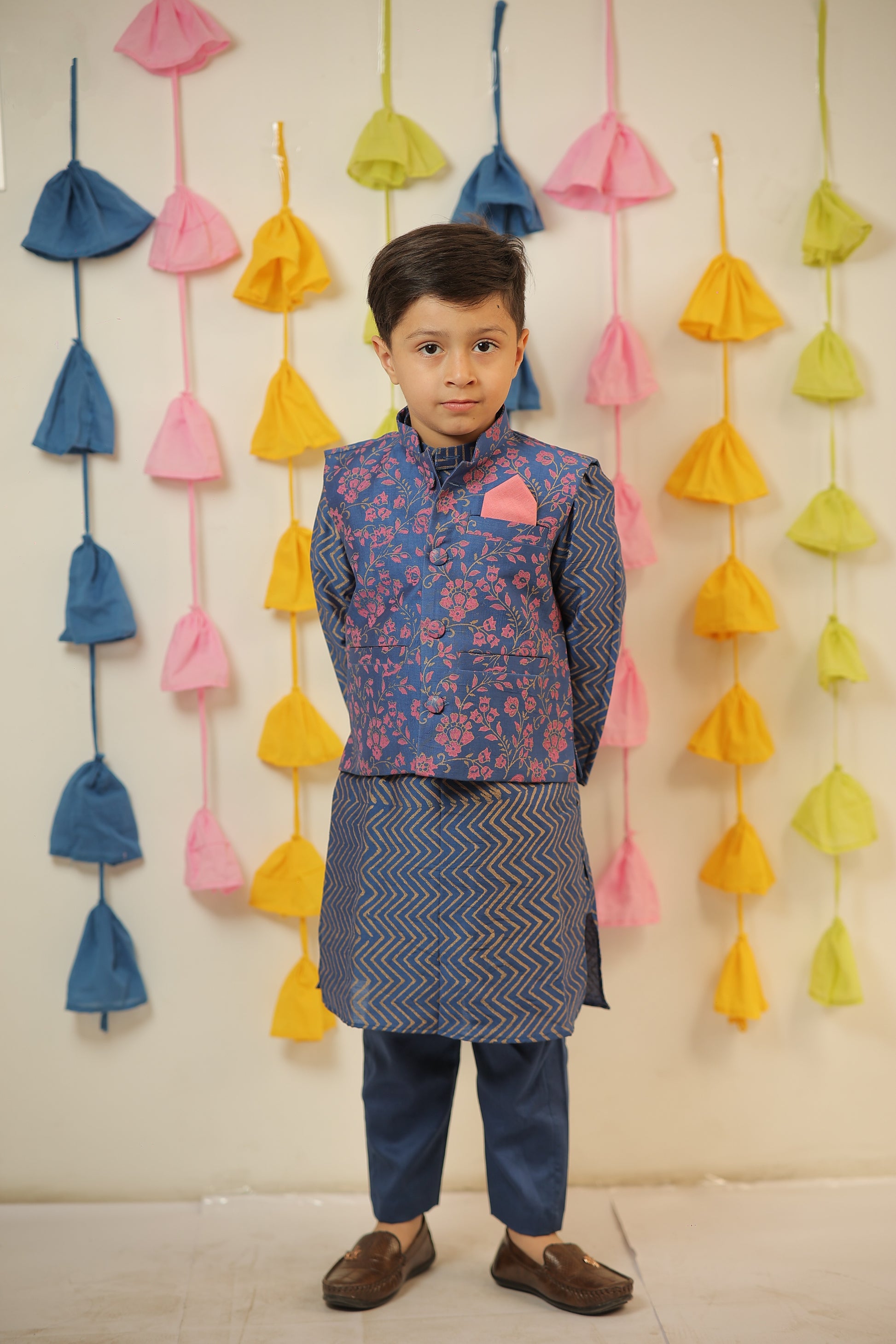 Blue block printed kurta set with jacket