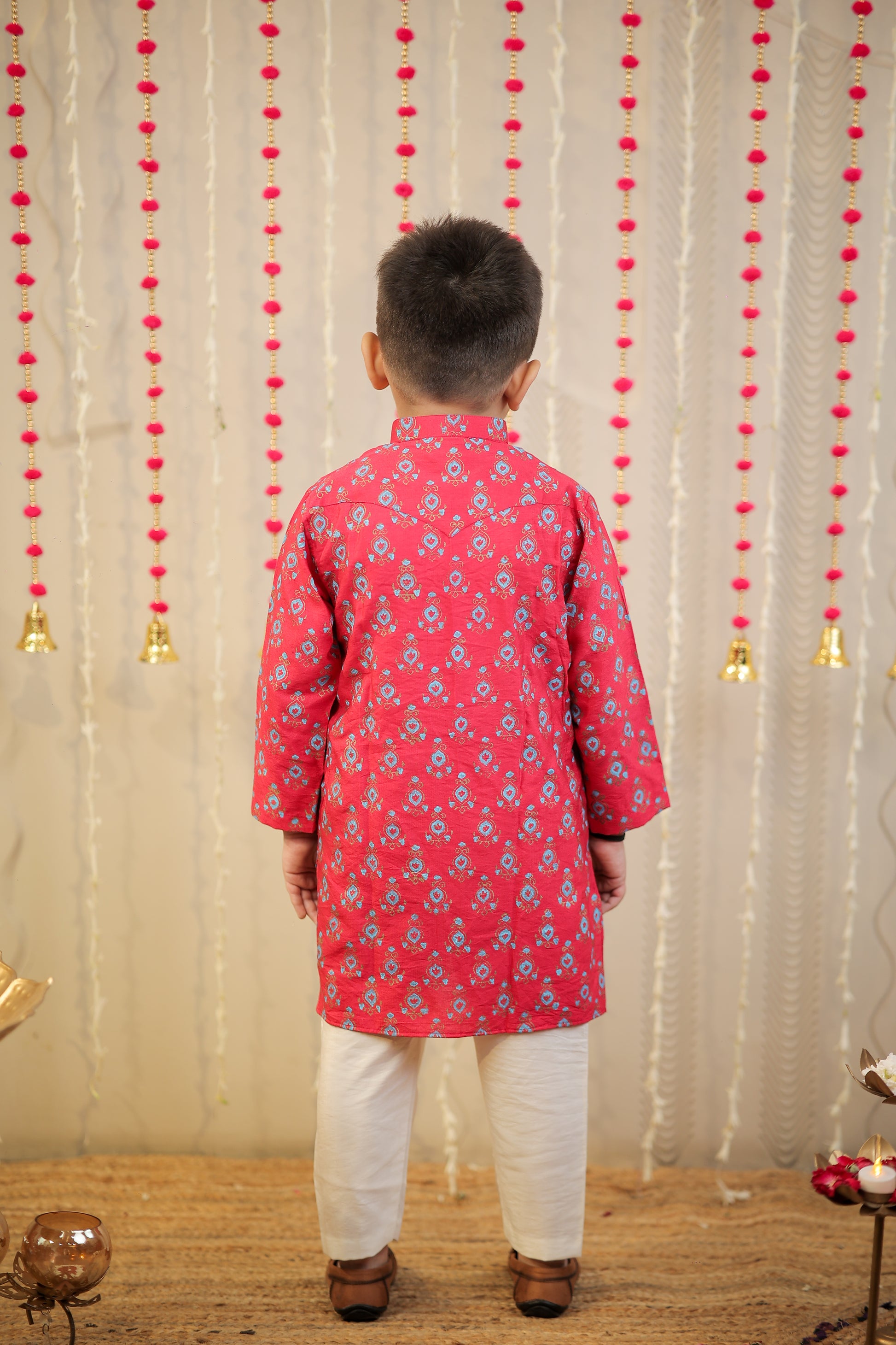 Pink block printed kurta set.