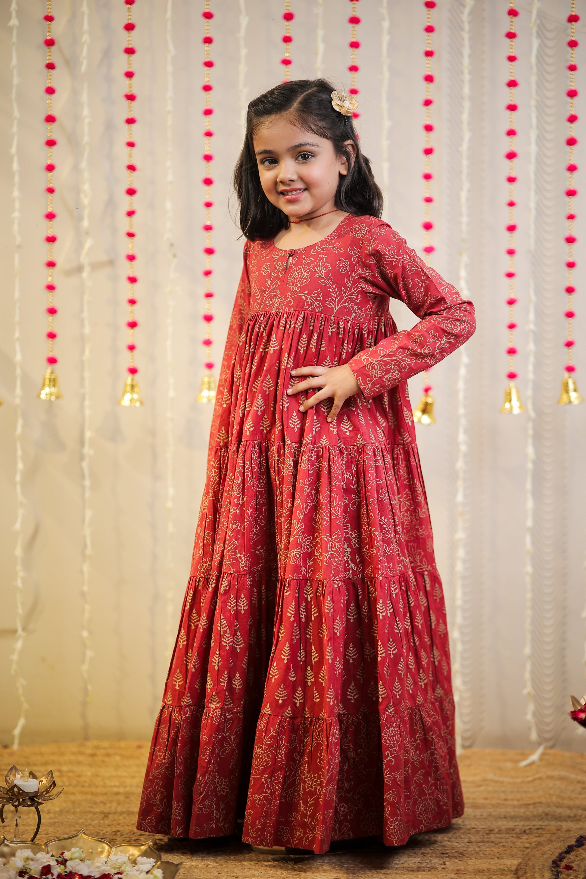 Maroon block printed full length kurta.