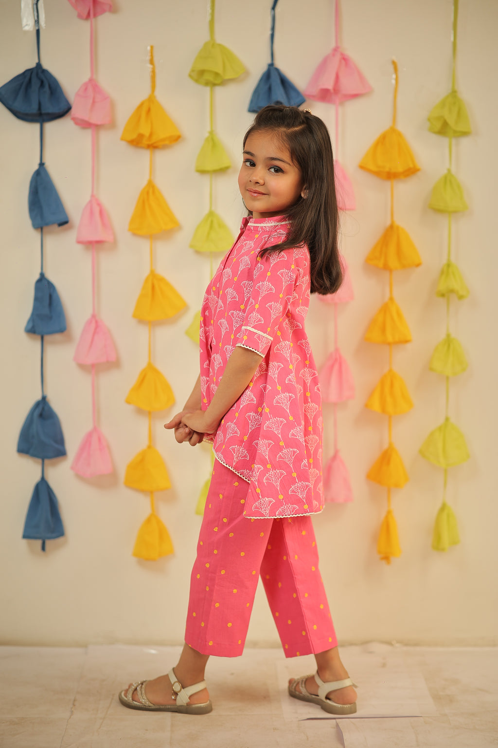Pink block printed high-low kurta set.