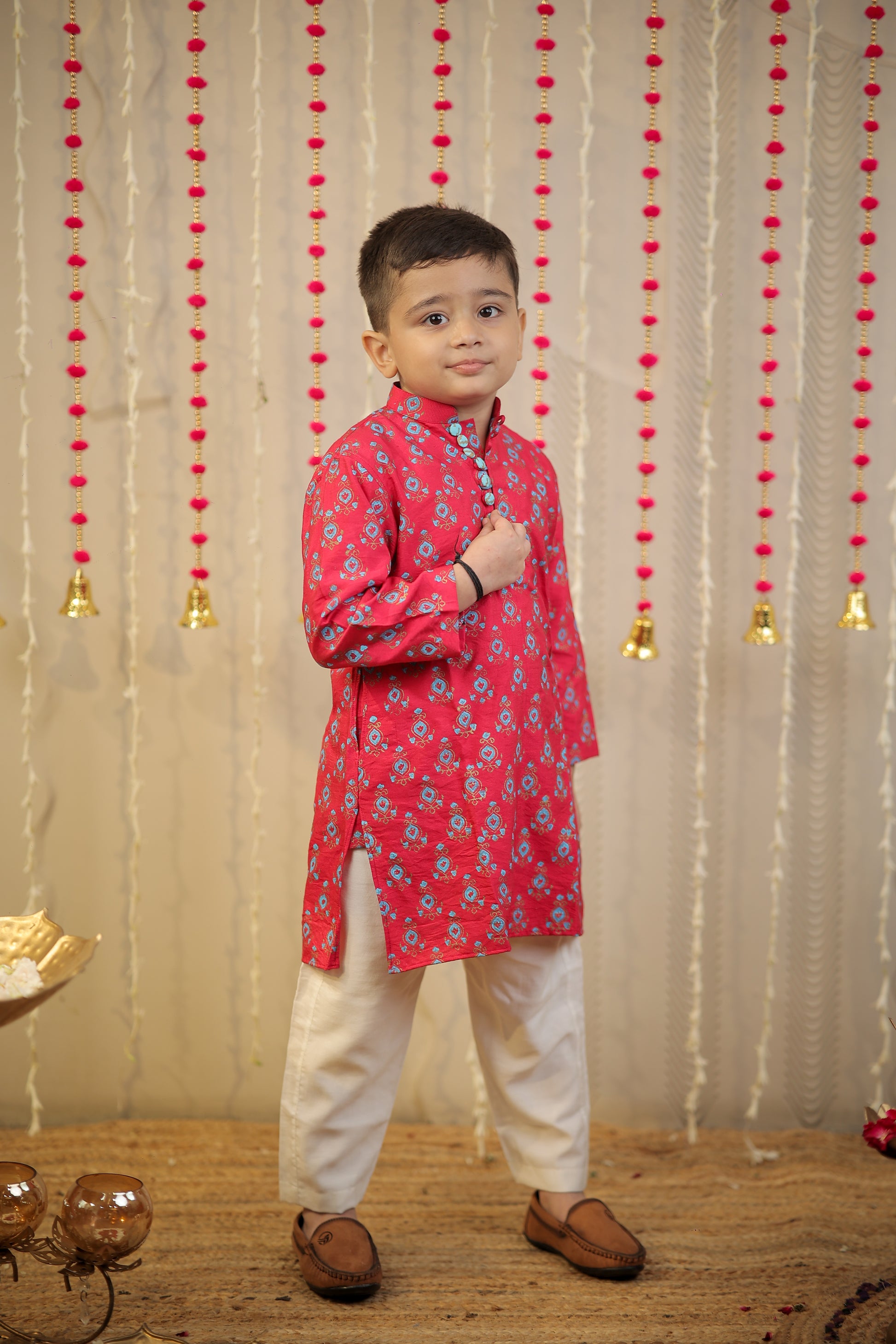 Pink block printed kurta set.