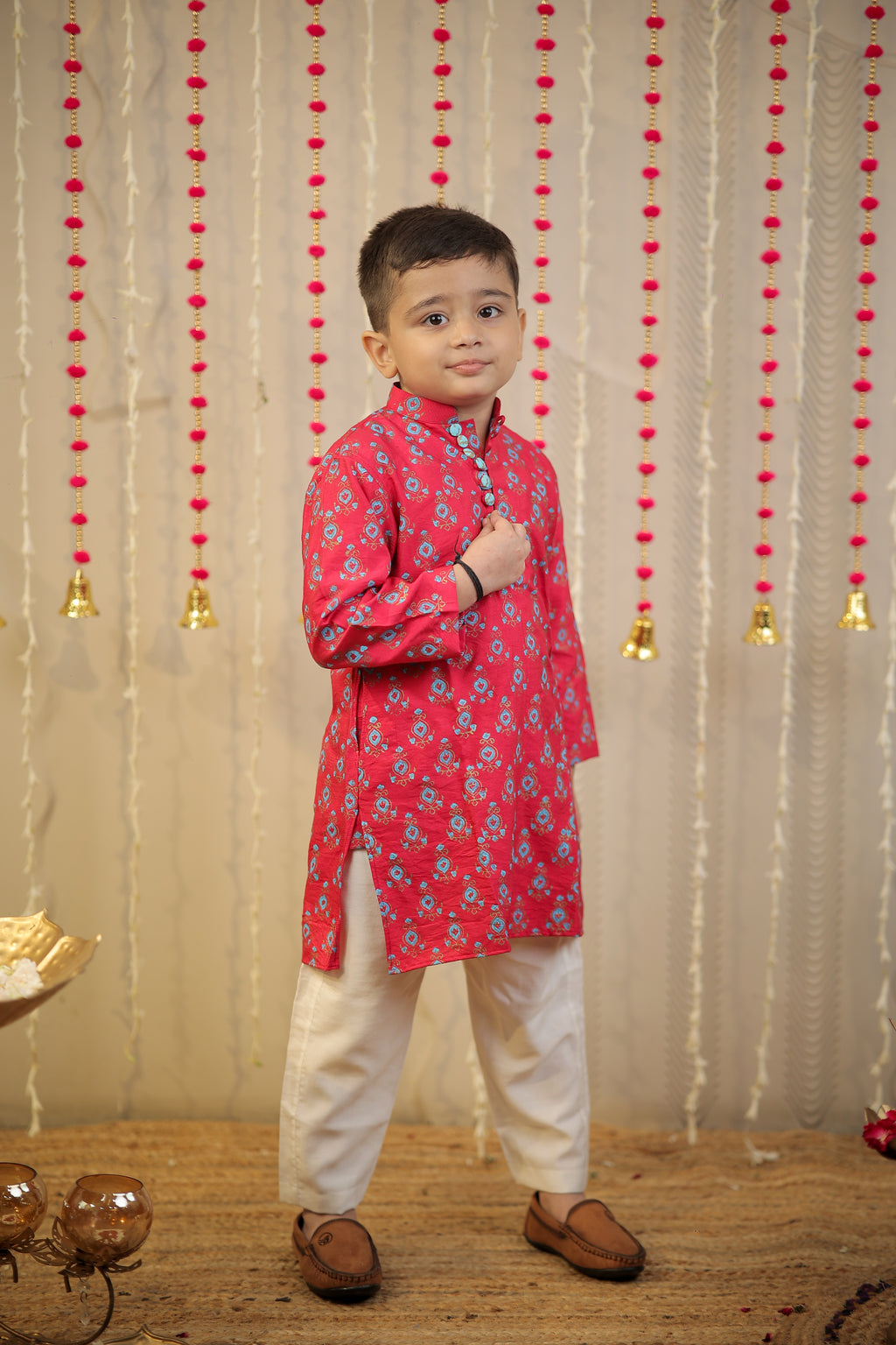 Pink block printed kurta set.
