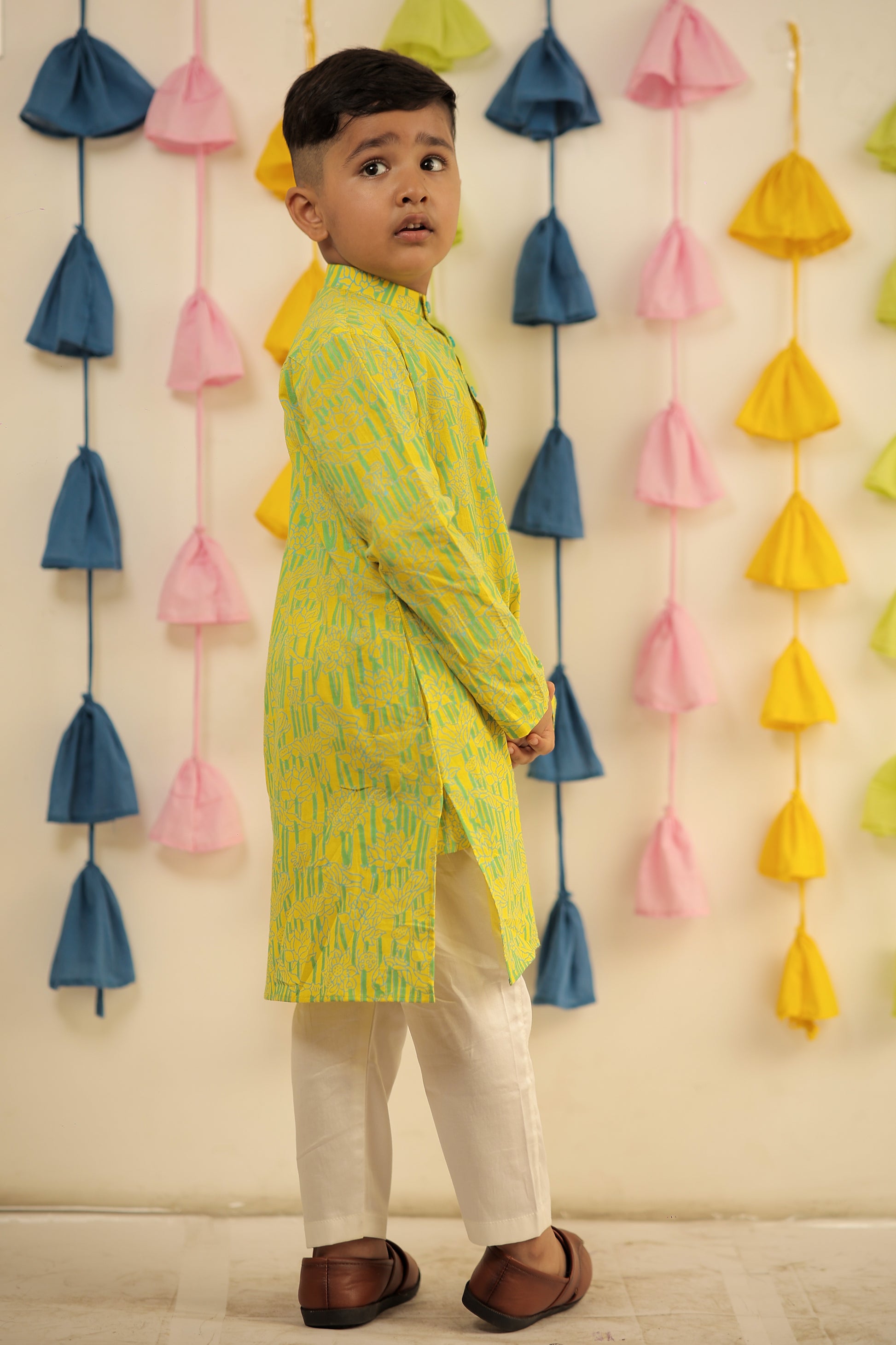 Lemon yellow Block printed kurta set