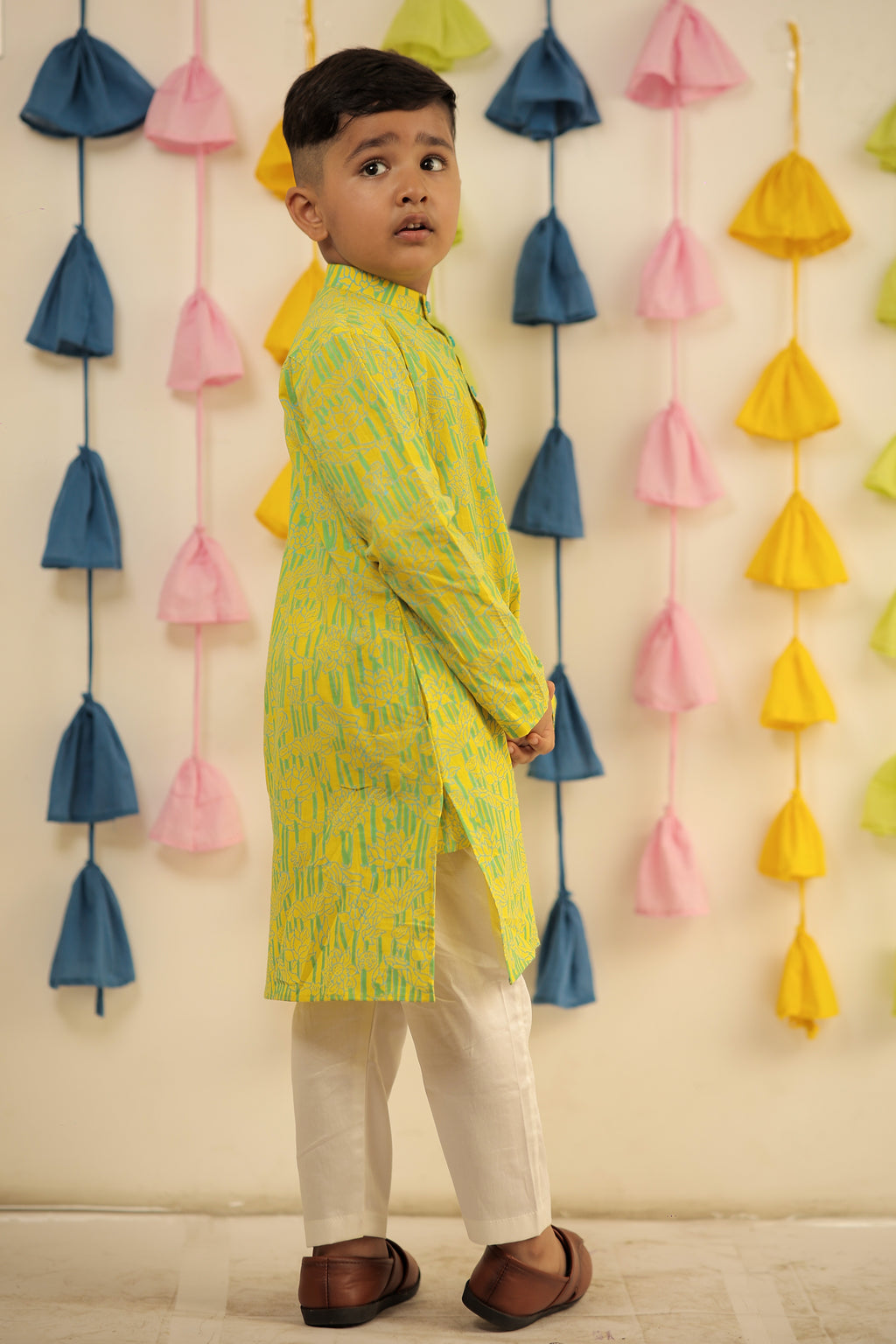 Lemon yellow Block printed kurta set