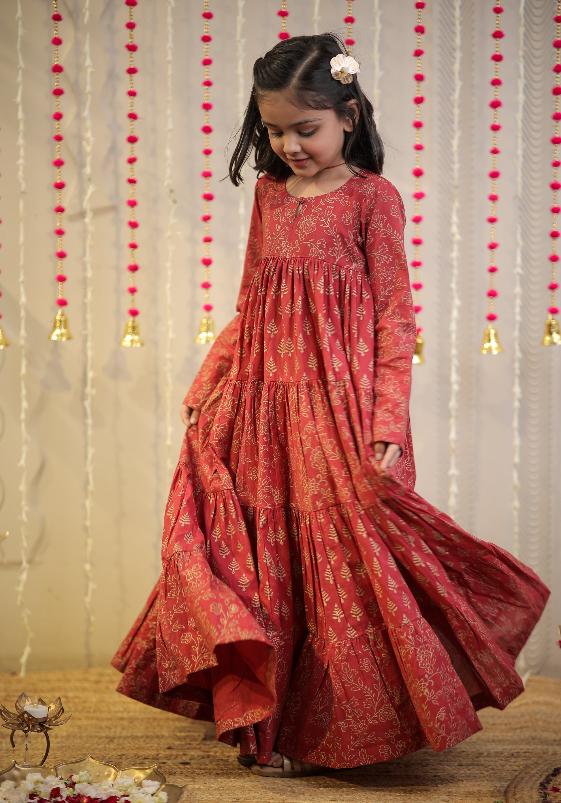 Maroon block printed full length kurta.