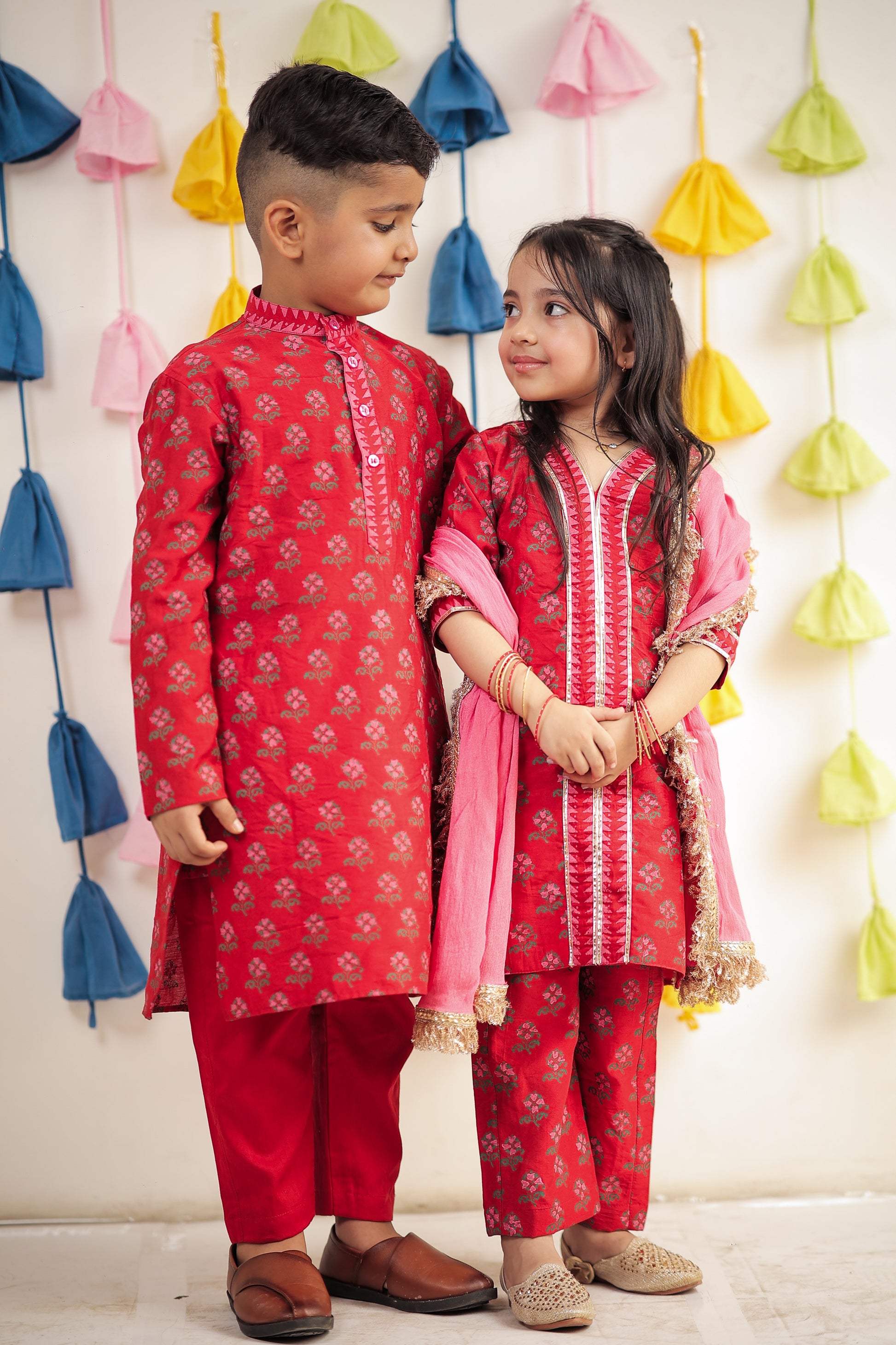 Red Block Printed kurta with pant and dupatta.