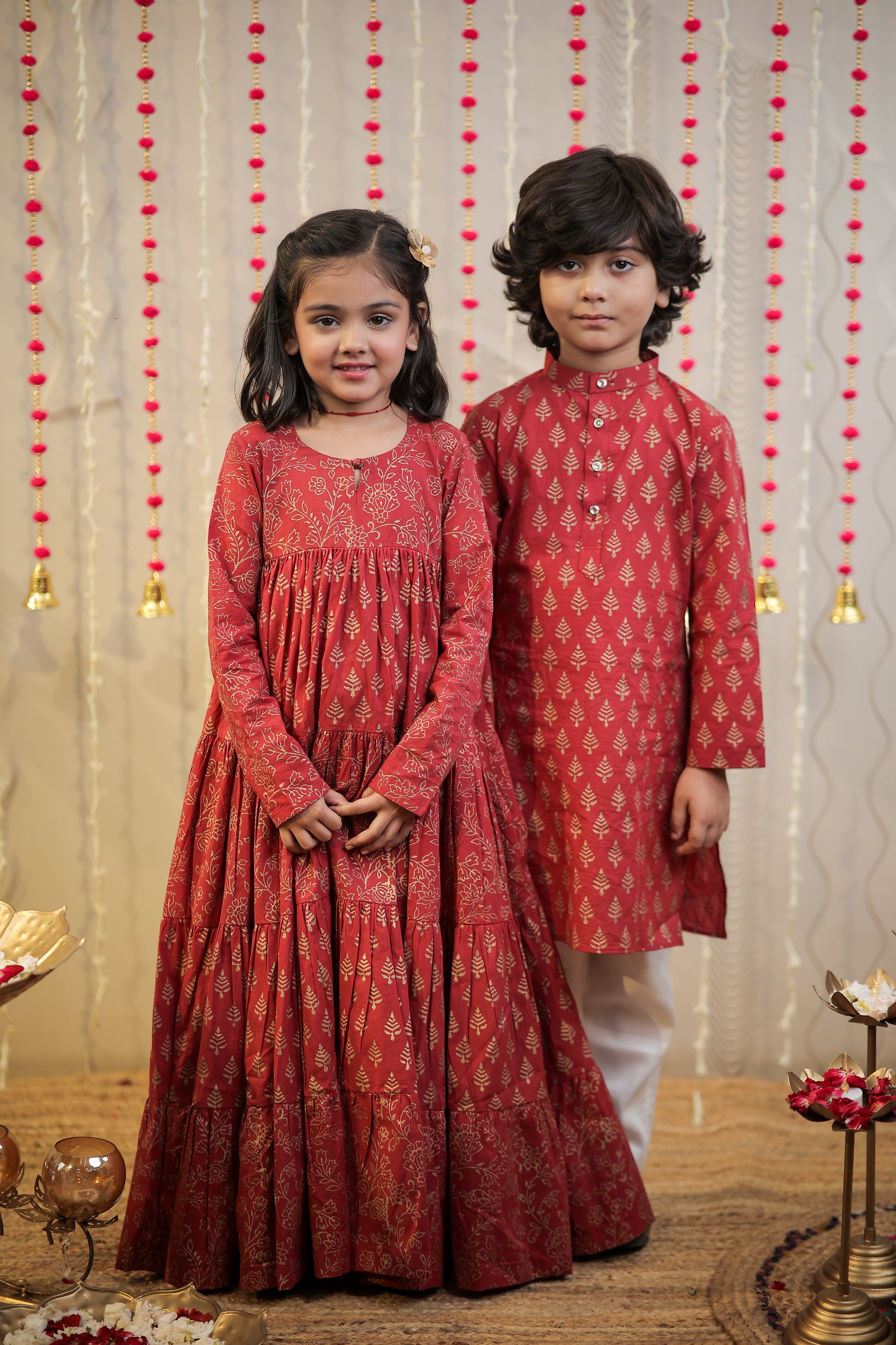 Maroon block printed kurta set.