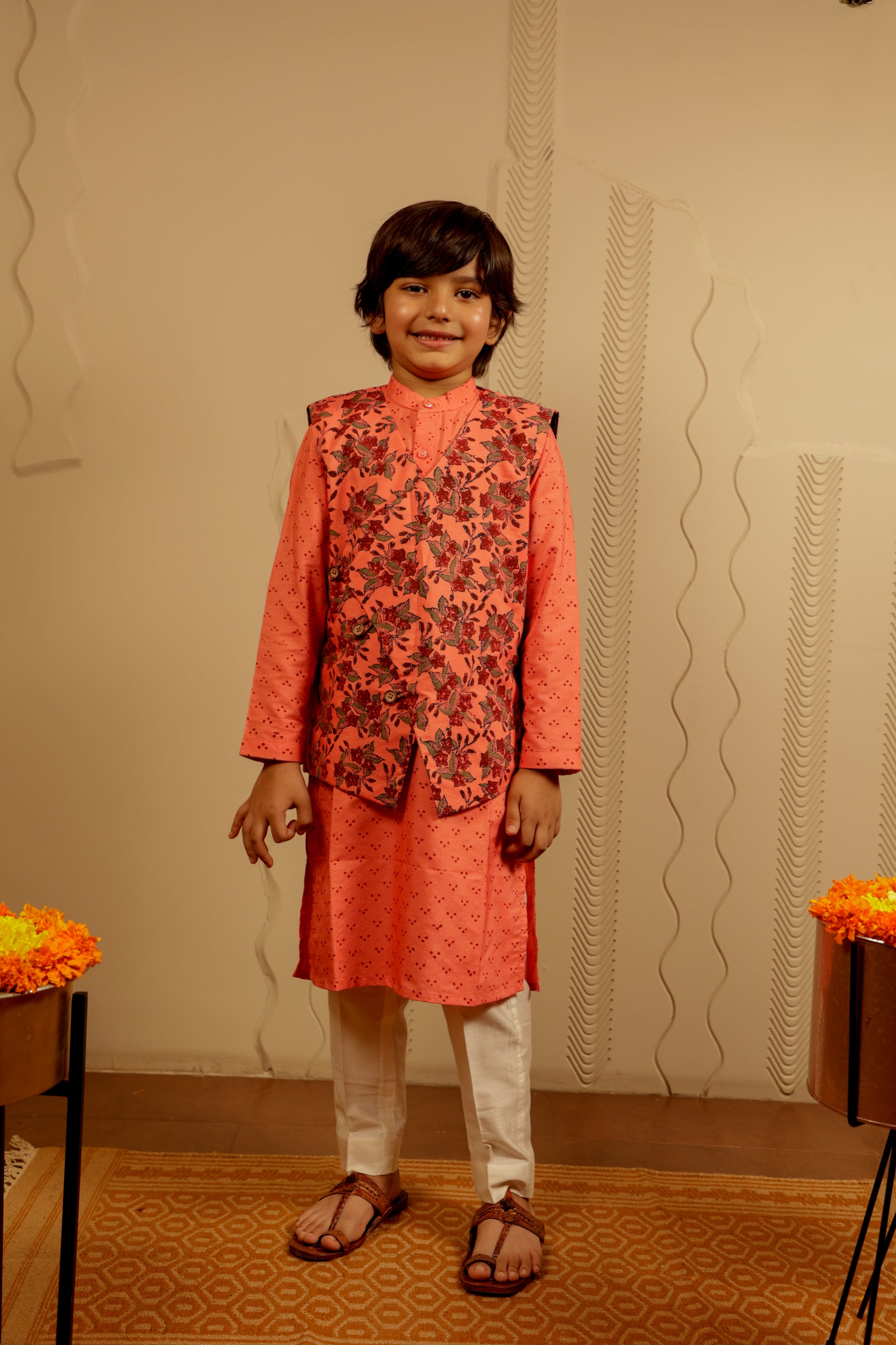 PEACH KURTA PYJAMA SET WITH PHOOLJAAL  JACKET