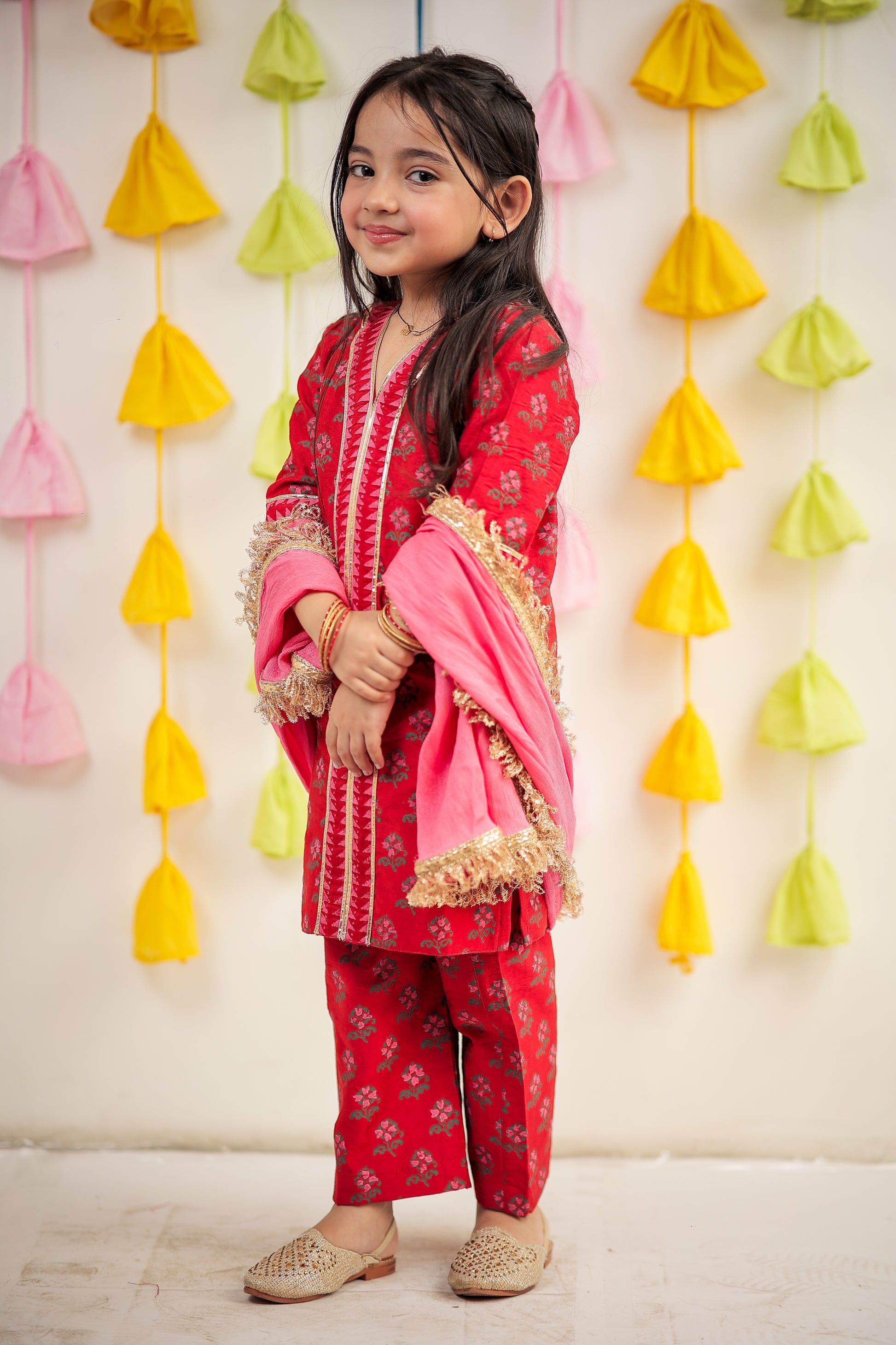 Red Block Printed kurta with pant and dupatta.