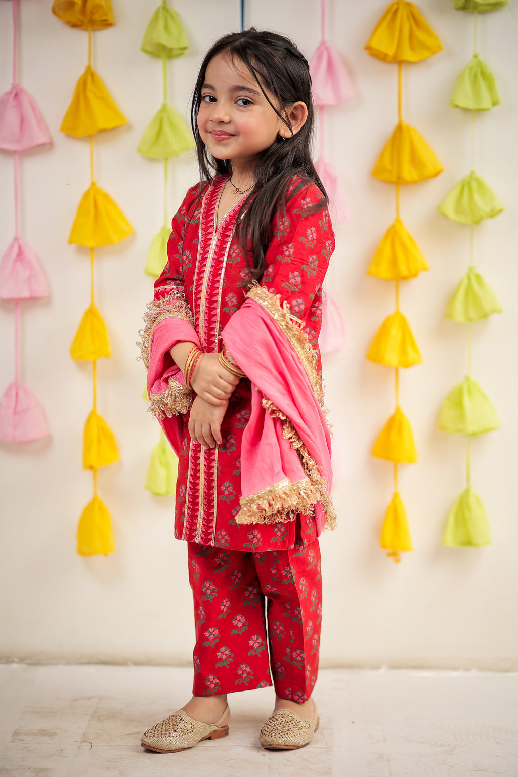 Red Block Printed kurta with pant and dupatta.