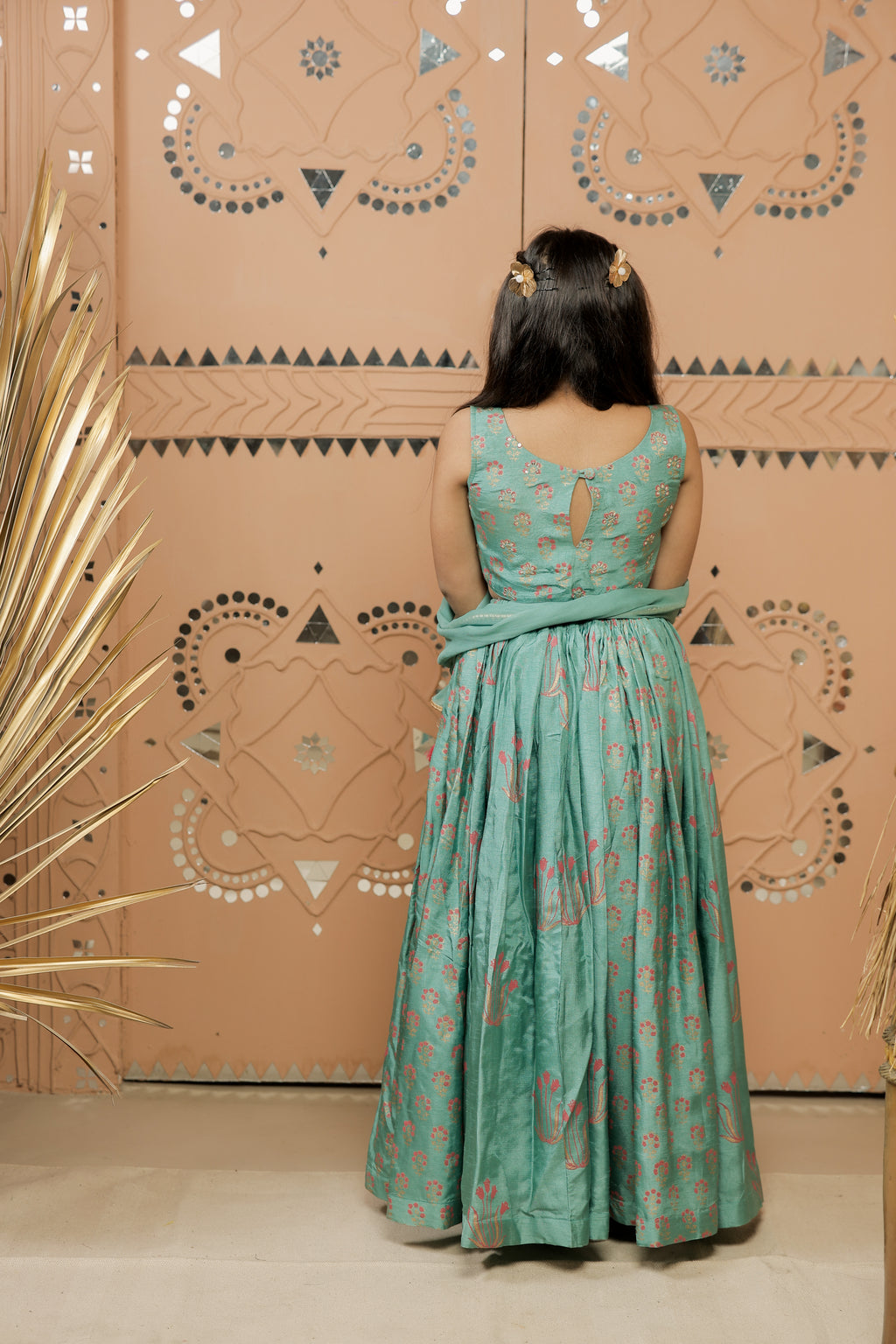 Teal Green Block Printed Lehenga Set
