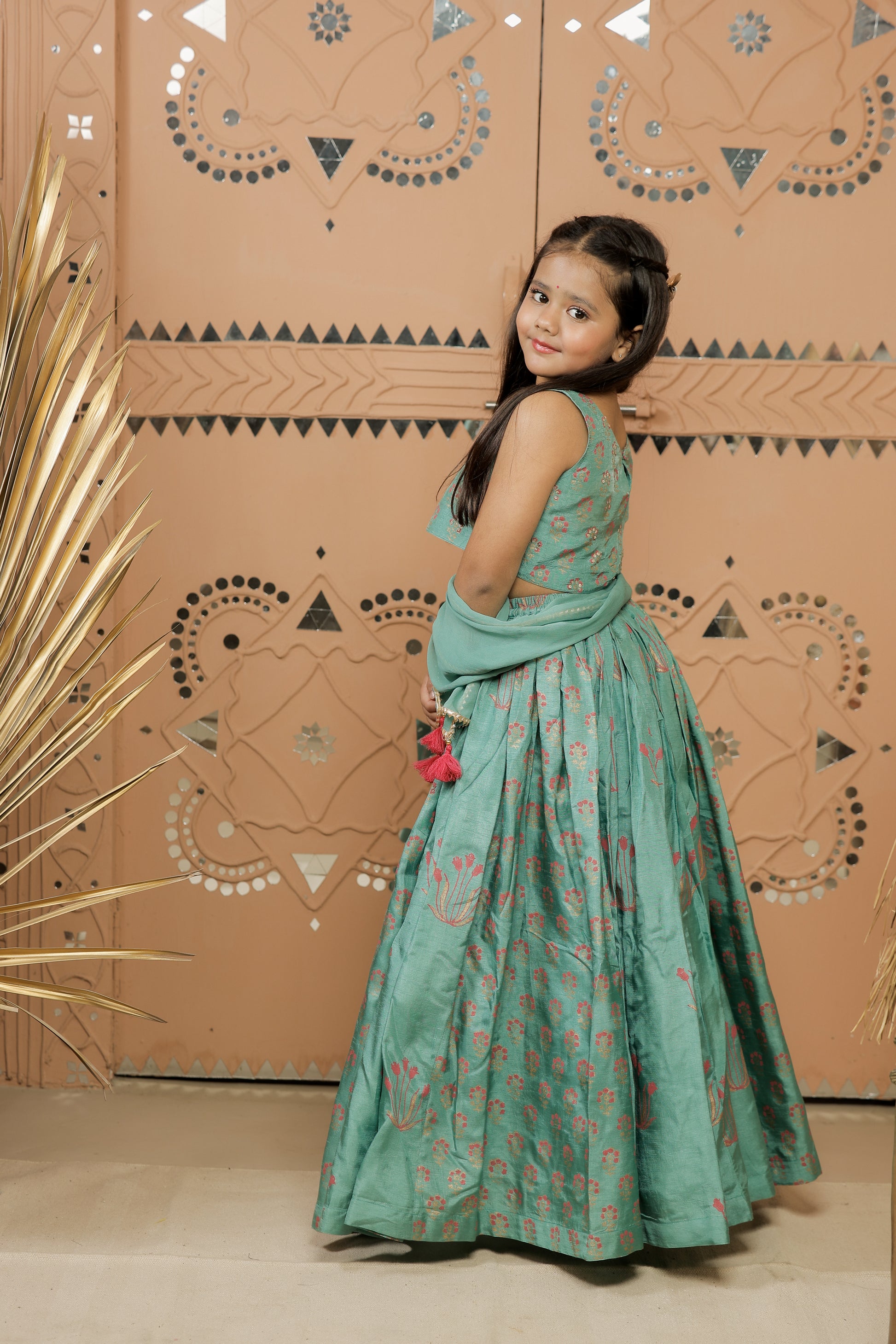 Teal Green Block Printed Lehenga Set