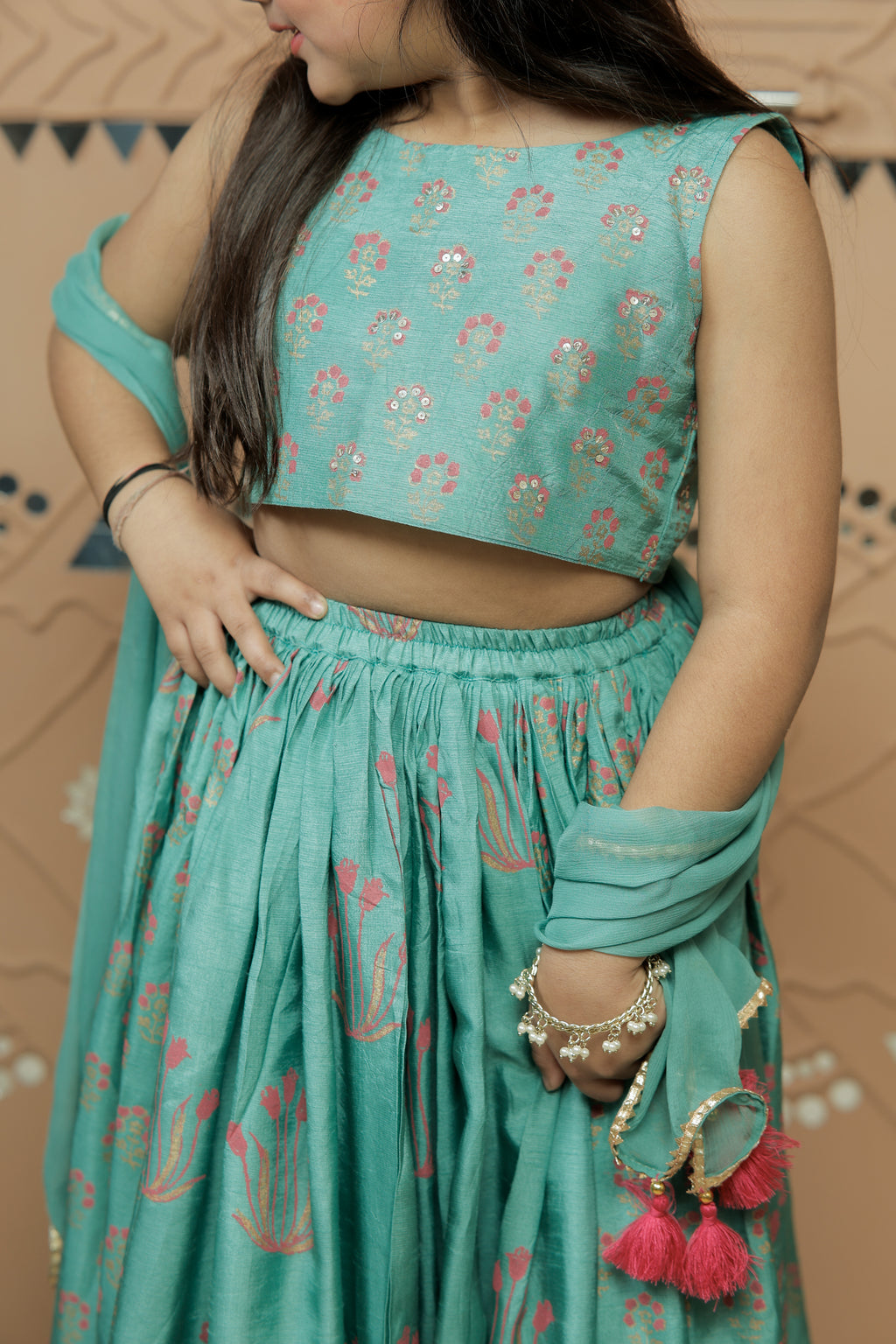 Teal Green Block Printed Lehenga Set