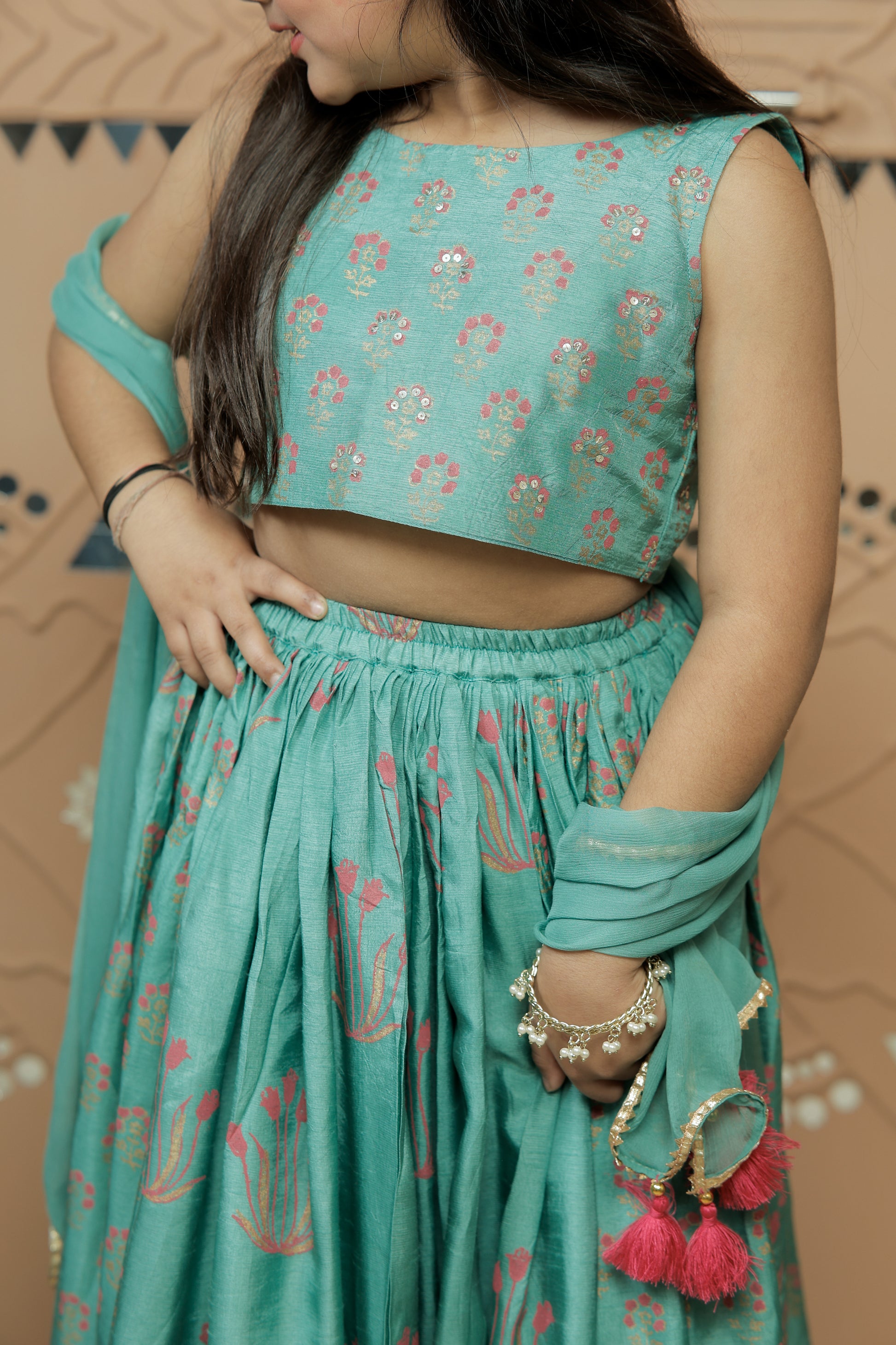 Teal Green Block Printed Lehenga Set