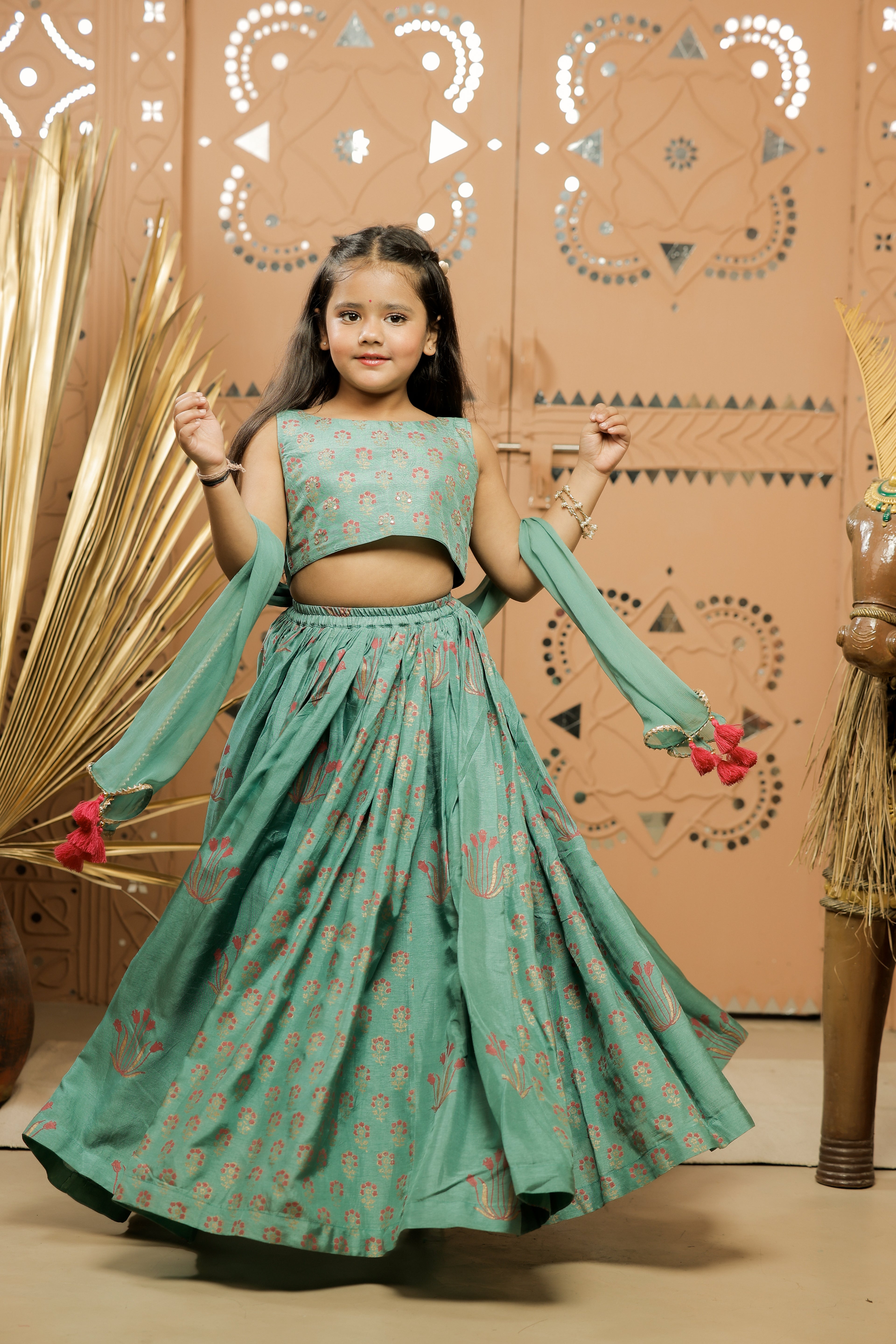 Teal Green Block Printed Lehenga Set