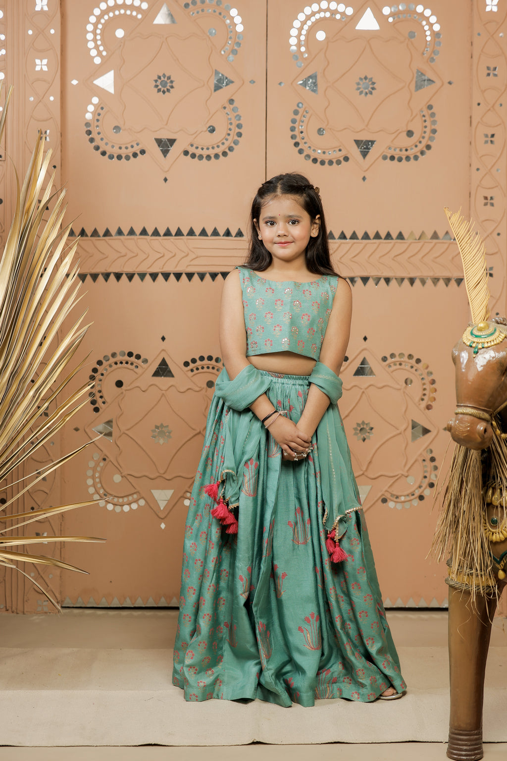 Teal Green Block Printed Lehenga Set