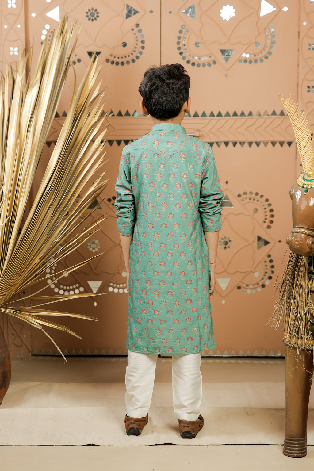 Teal Block Printed Kurta Set