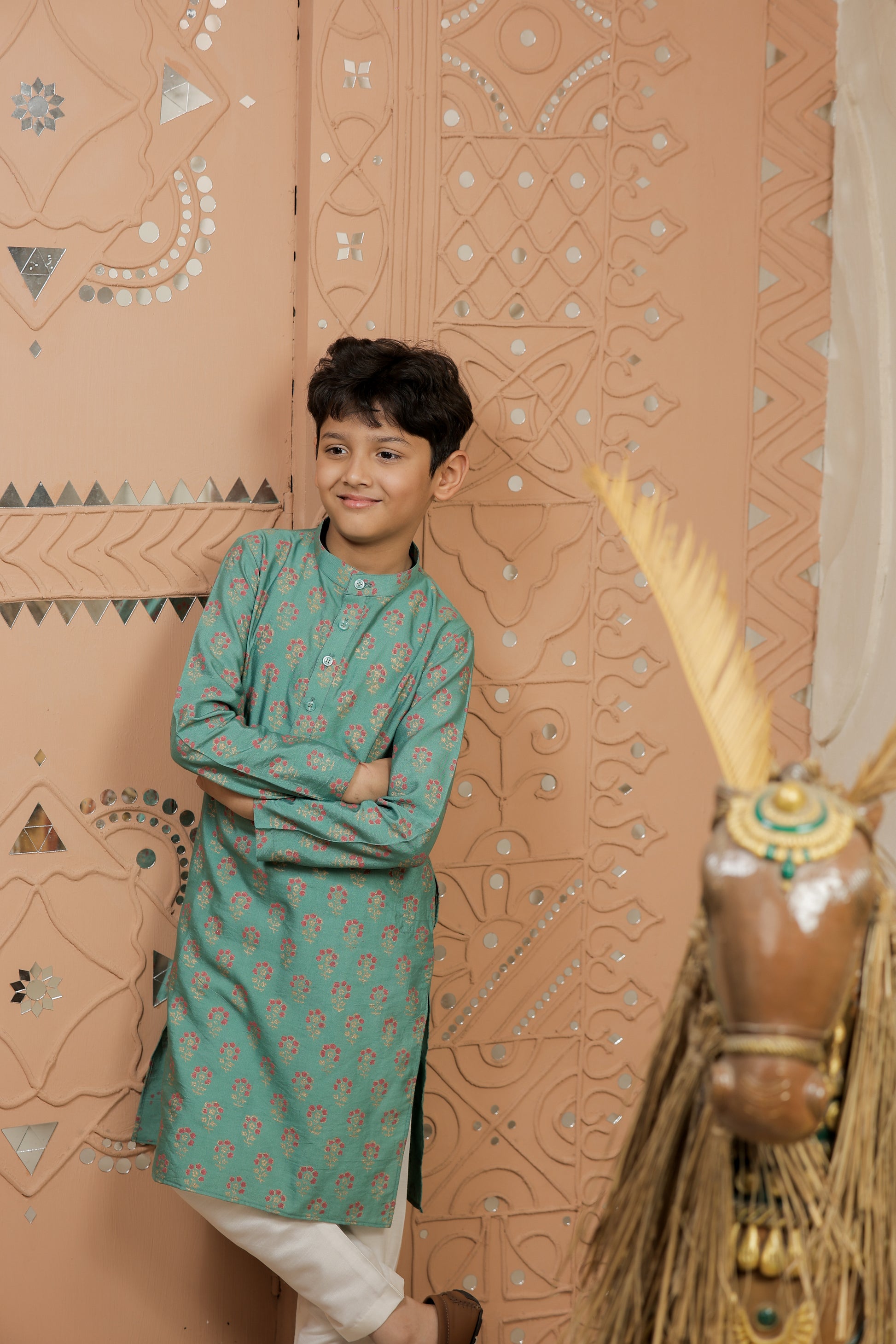 Teal Block Printed Kurta Set