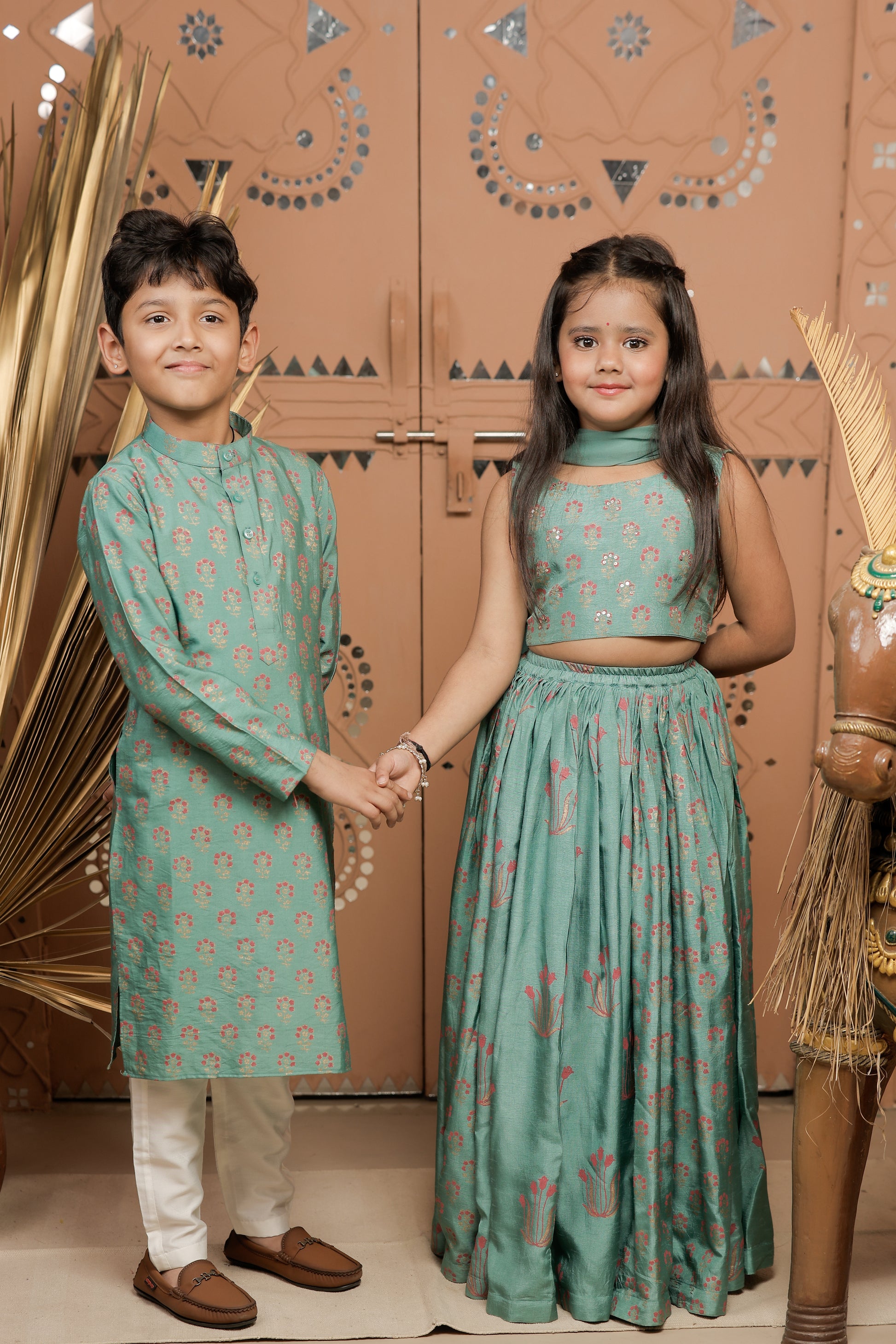 Teal Block Printed Kurta Set