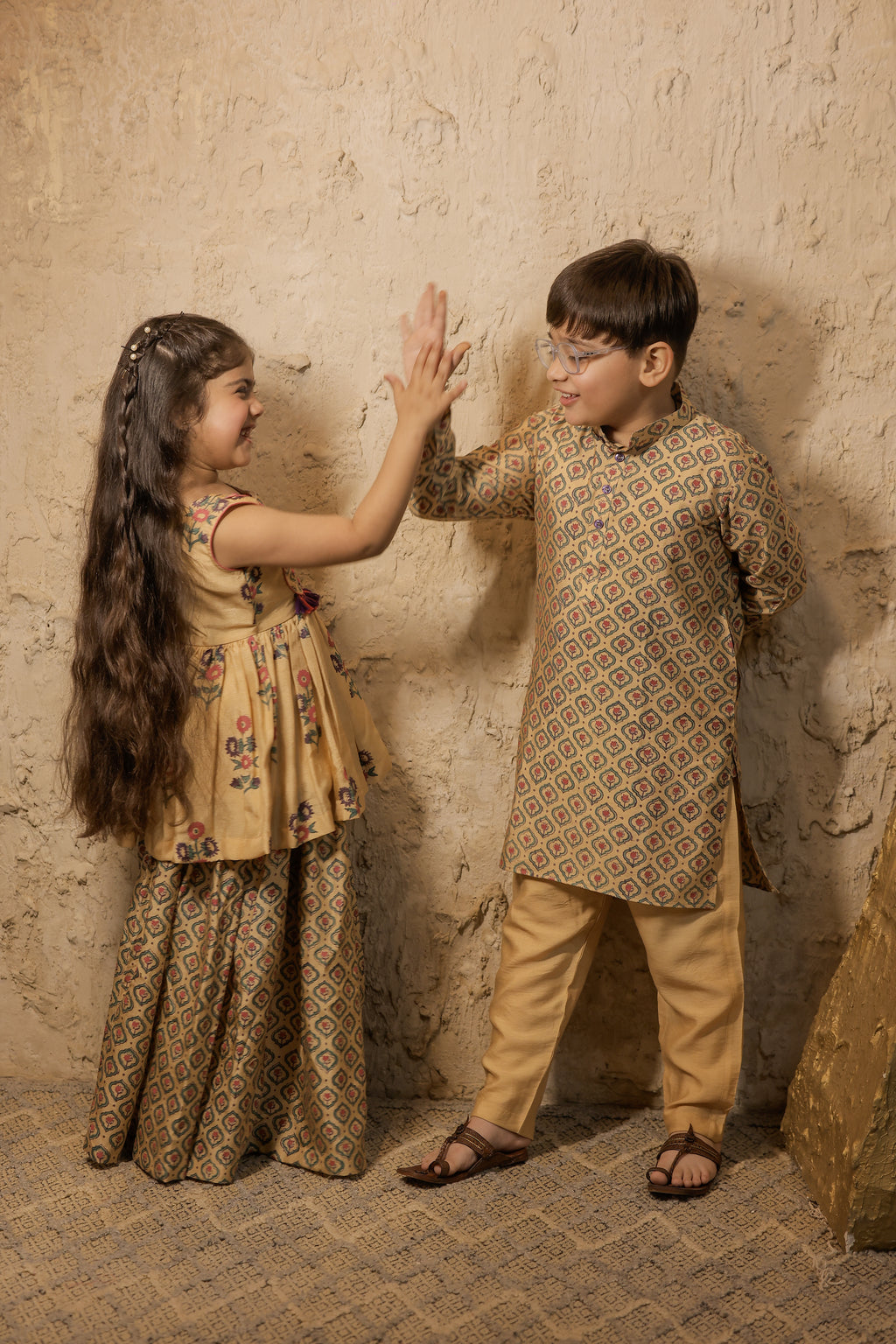 Beige Printed Peplum Sharara Set