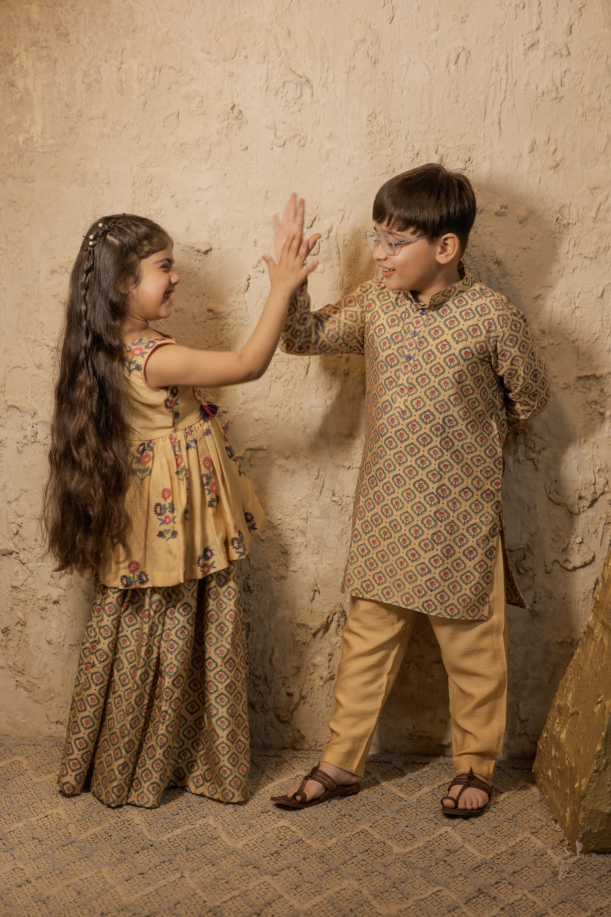 Beige Printed Peplum Sharara Set