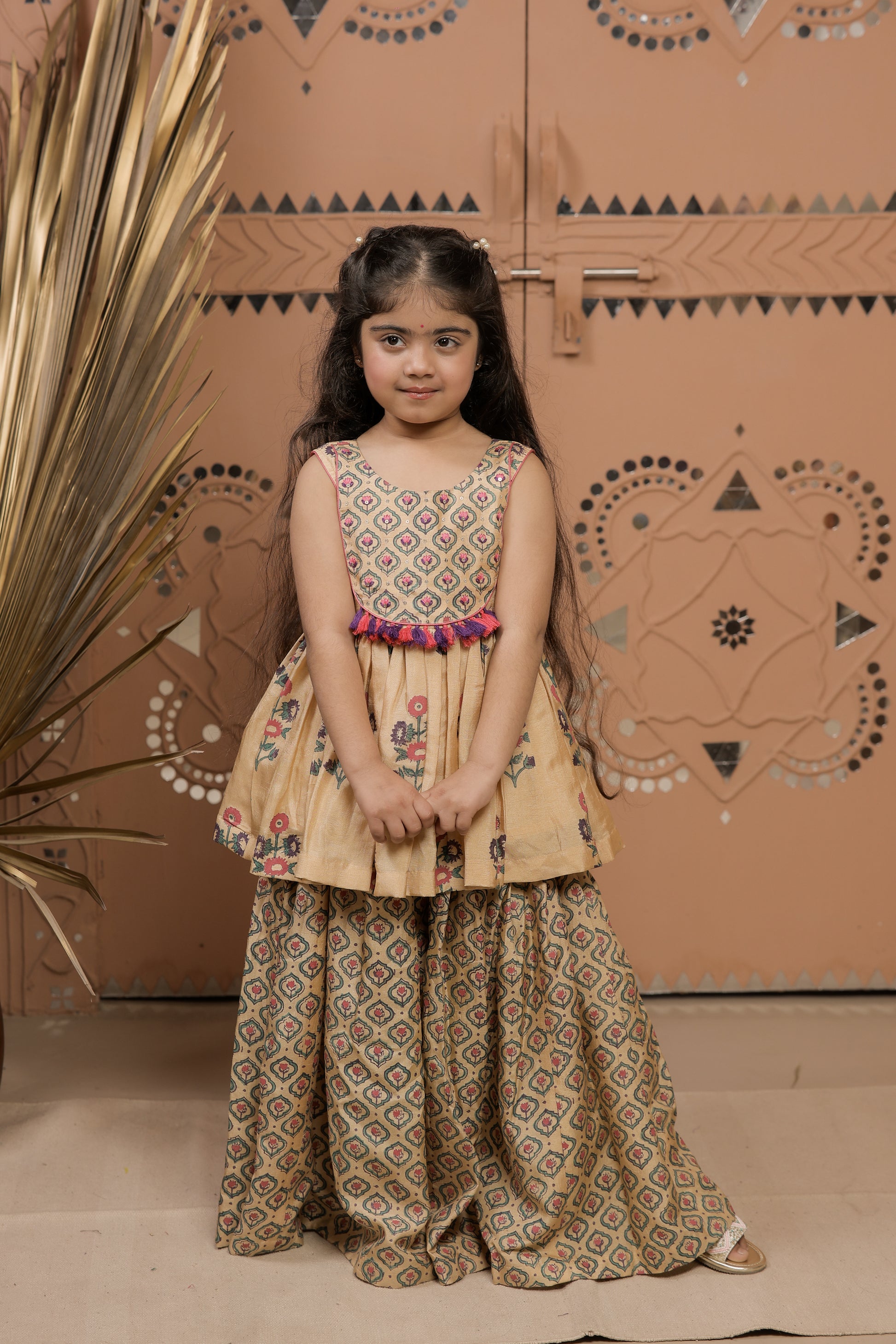 Beige Printed Peplum Sharara Set