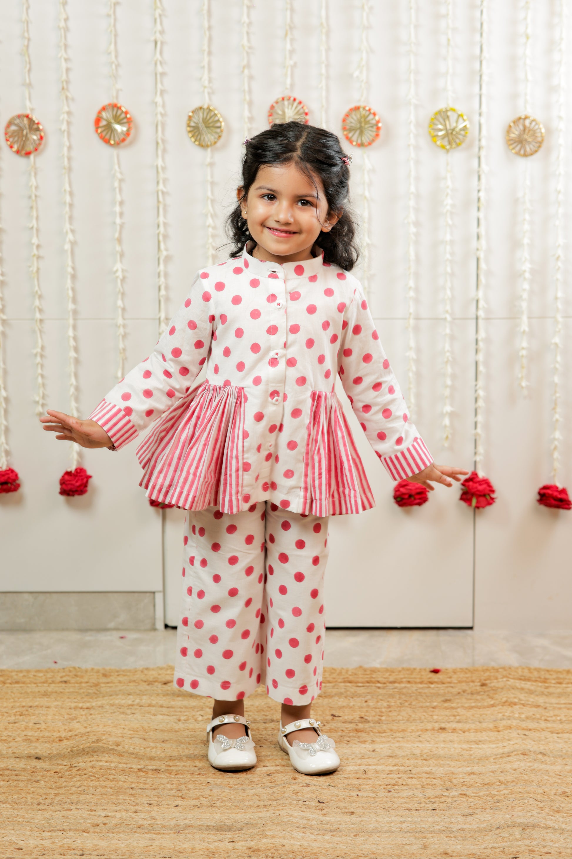 Classic Polka Peplum Top With Pants