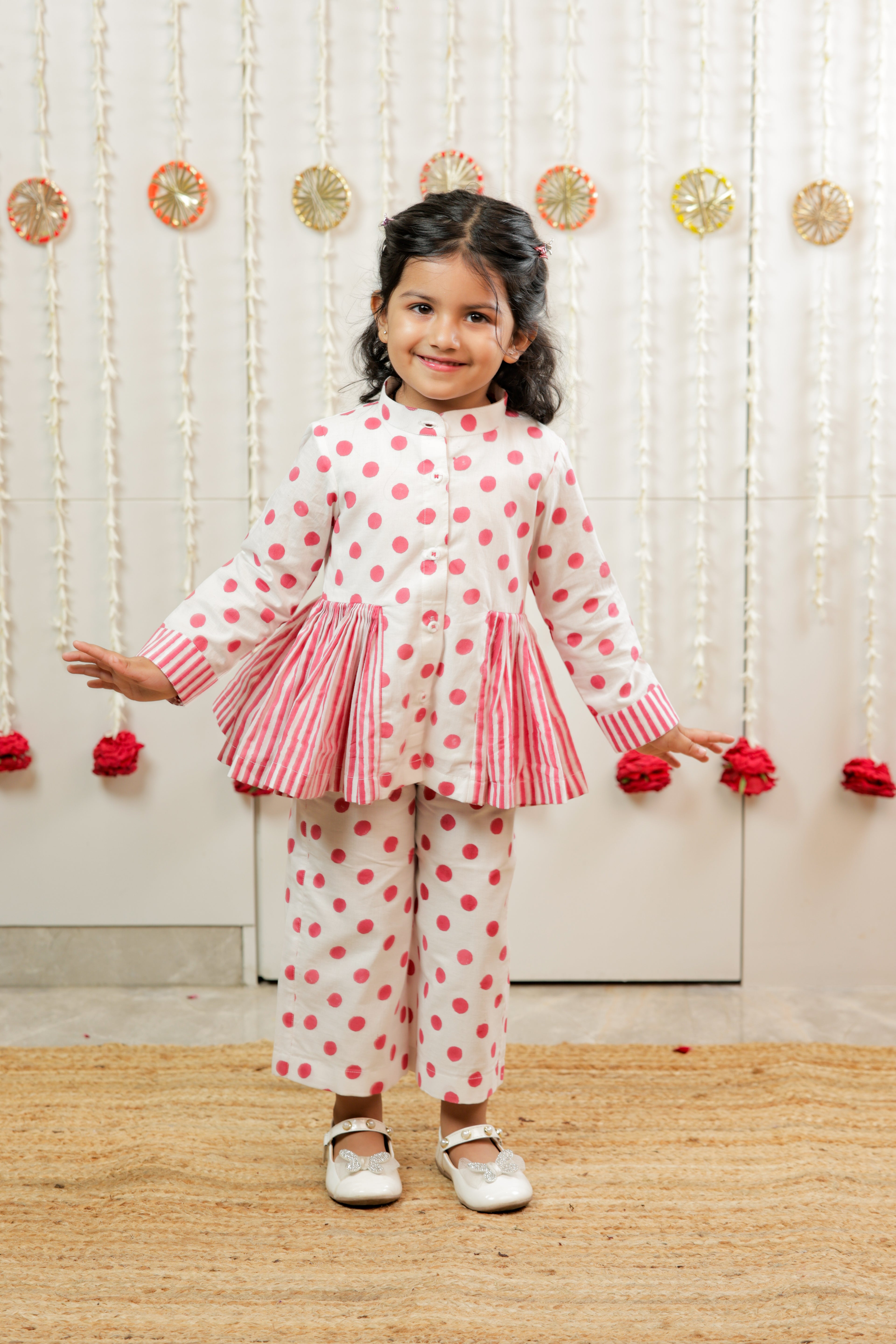 Classic Polka Peplum Top With Pants