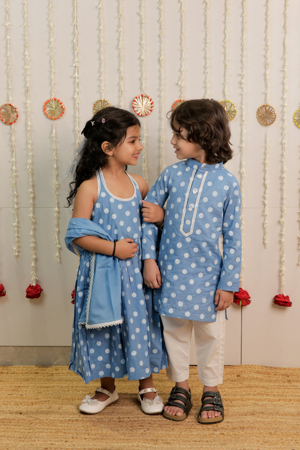Sky Blue Polka Dot Full length Kurta with Dupatta