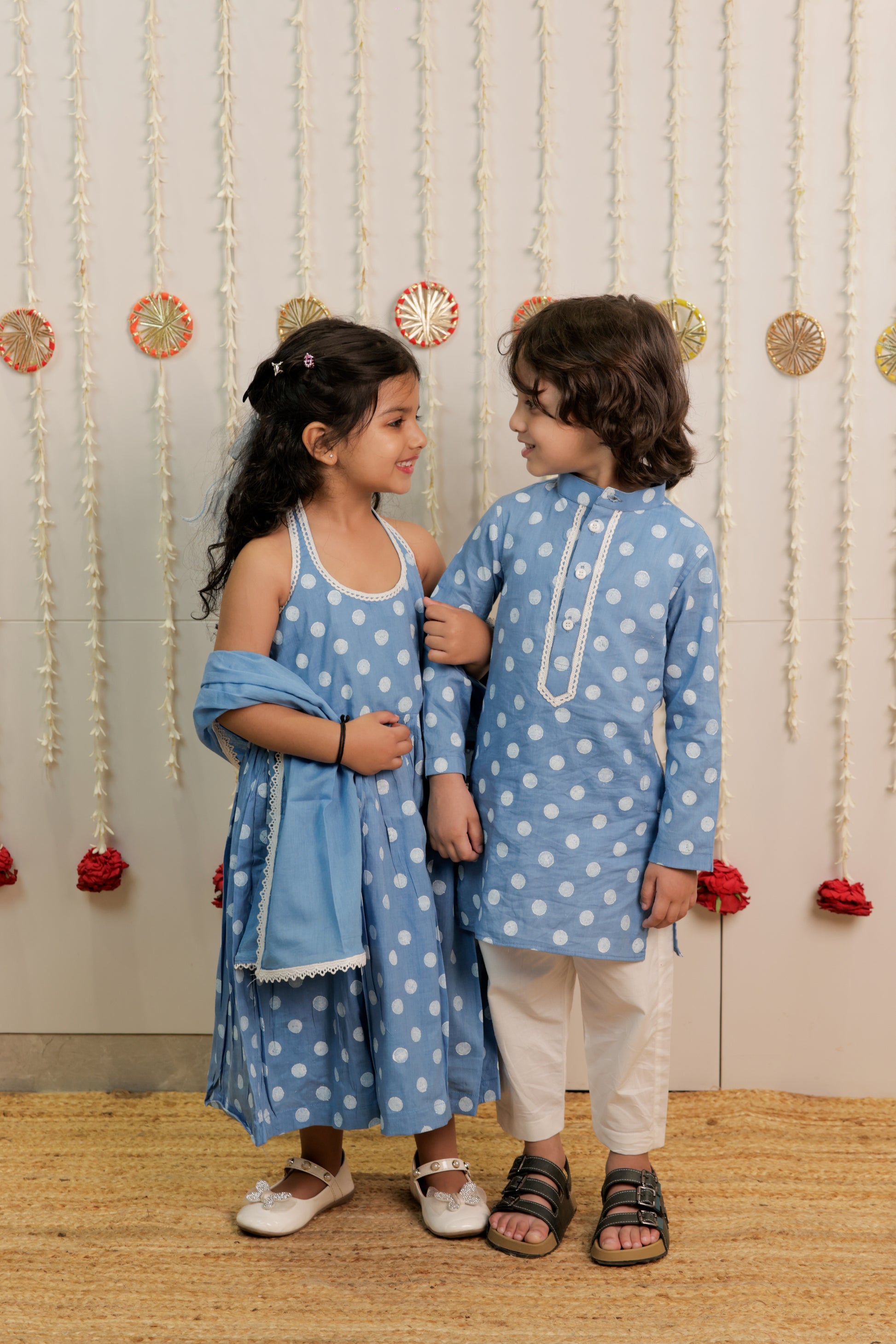 Sky Blue Polka Dot Full length Kurta with Dupatta