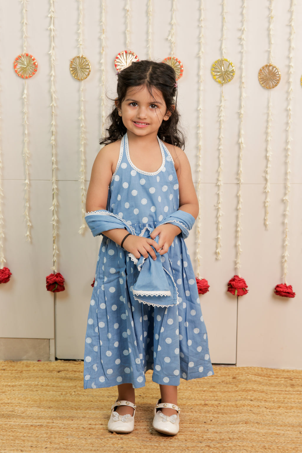 Sky Blue Polka Dot Full length Kurta with Dupatta