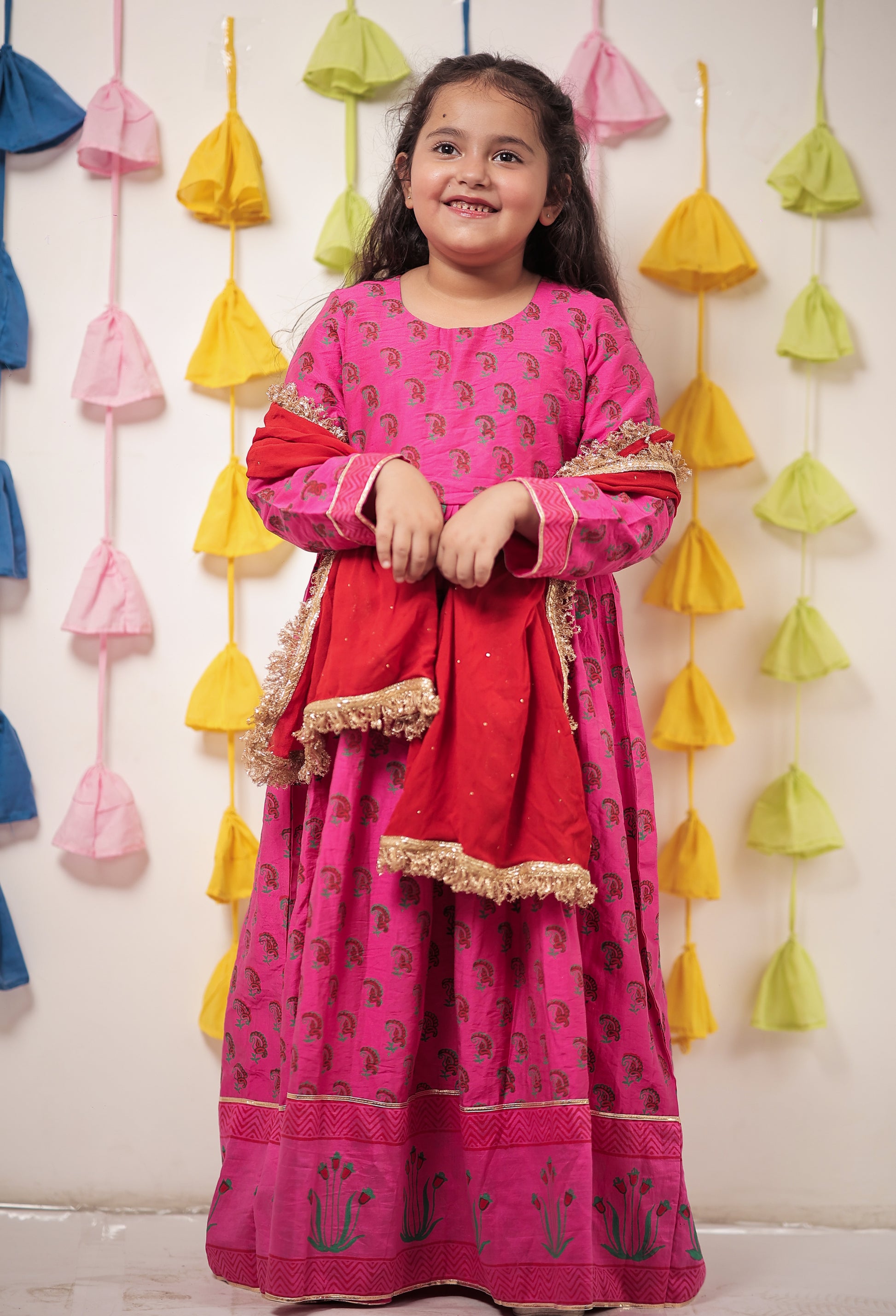 Pink block Printed Anarkali with Dupatta.