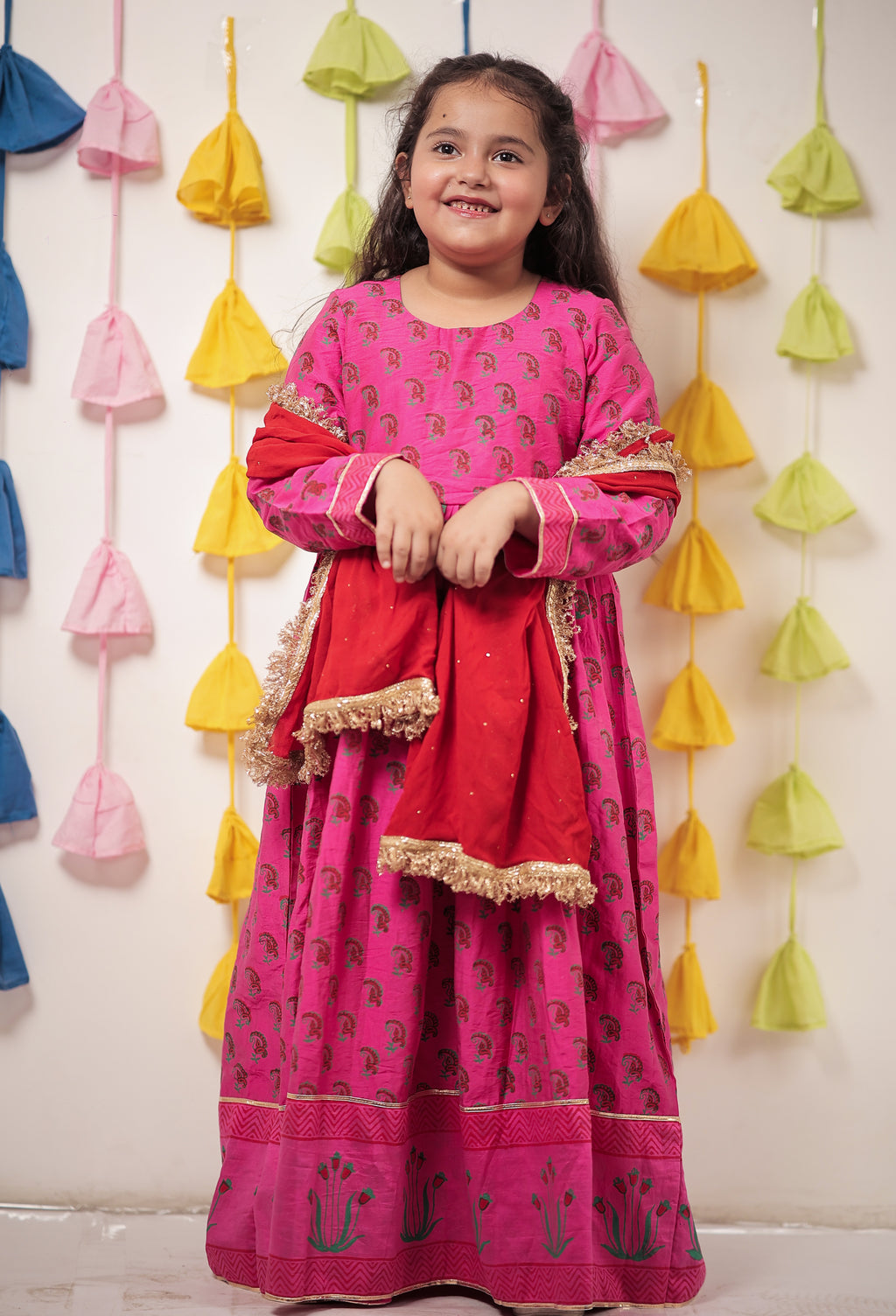 Pink block Printed Anarkali with Dupatta.
