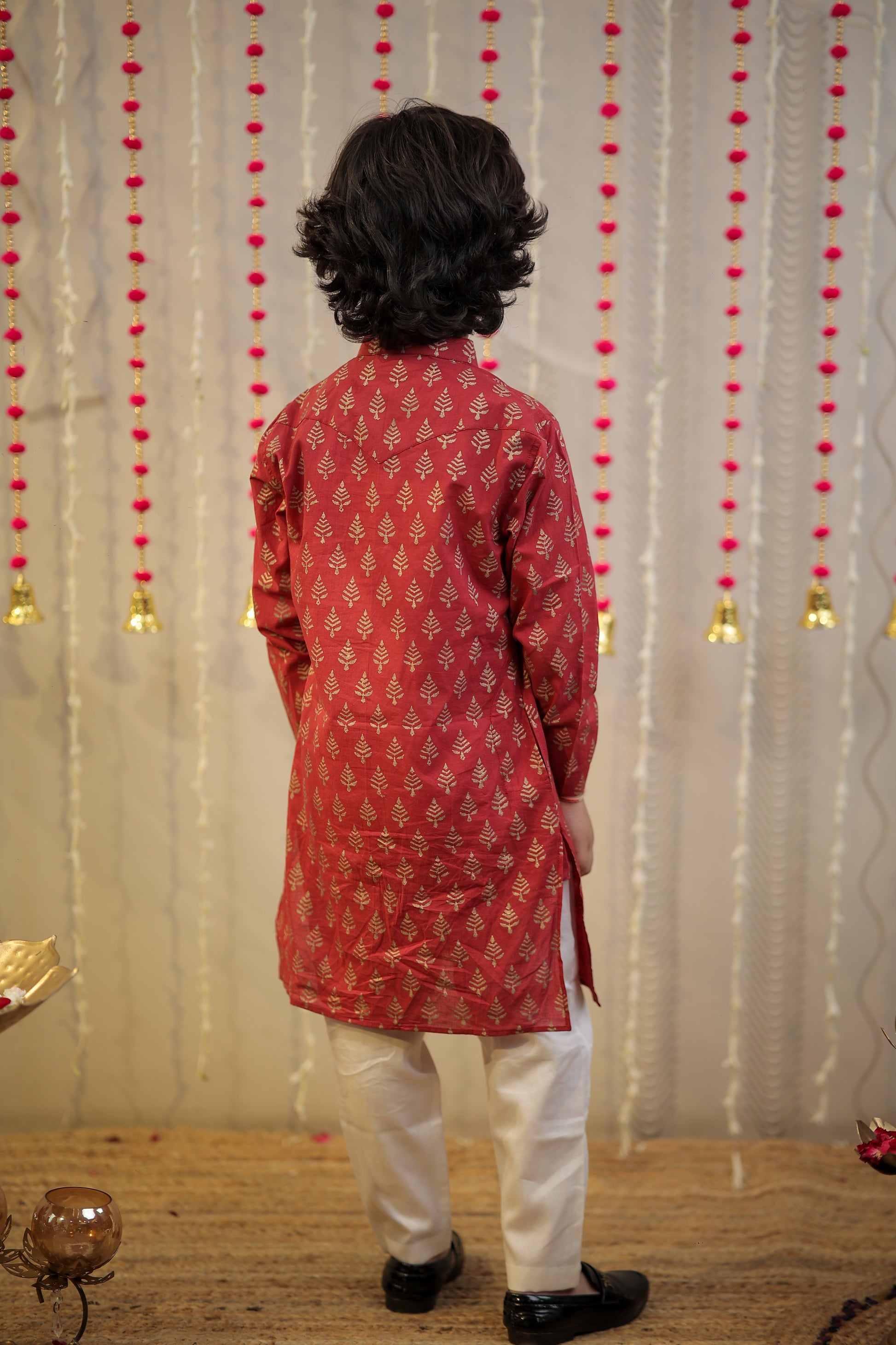 Maroon block printed kurta set.