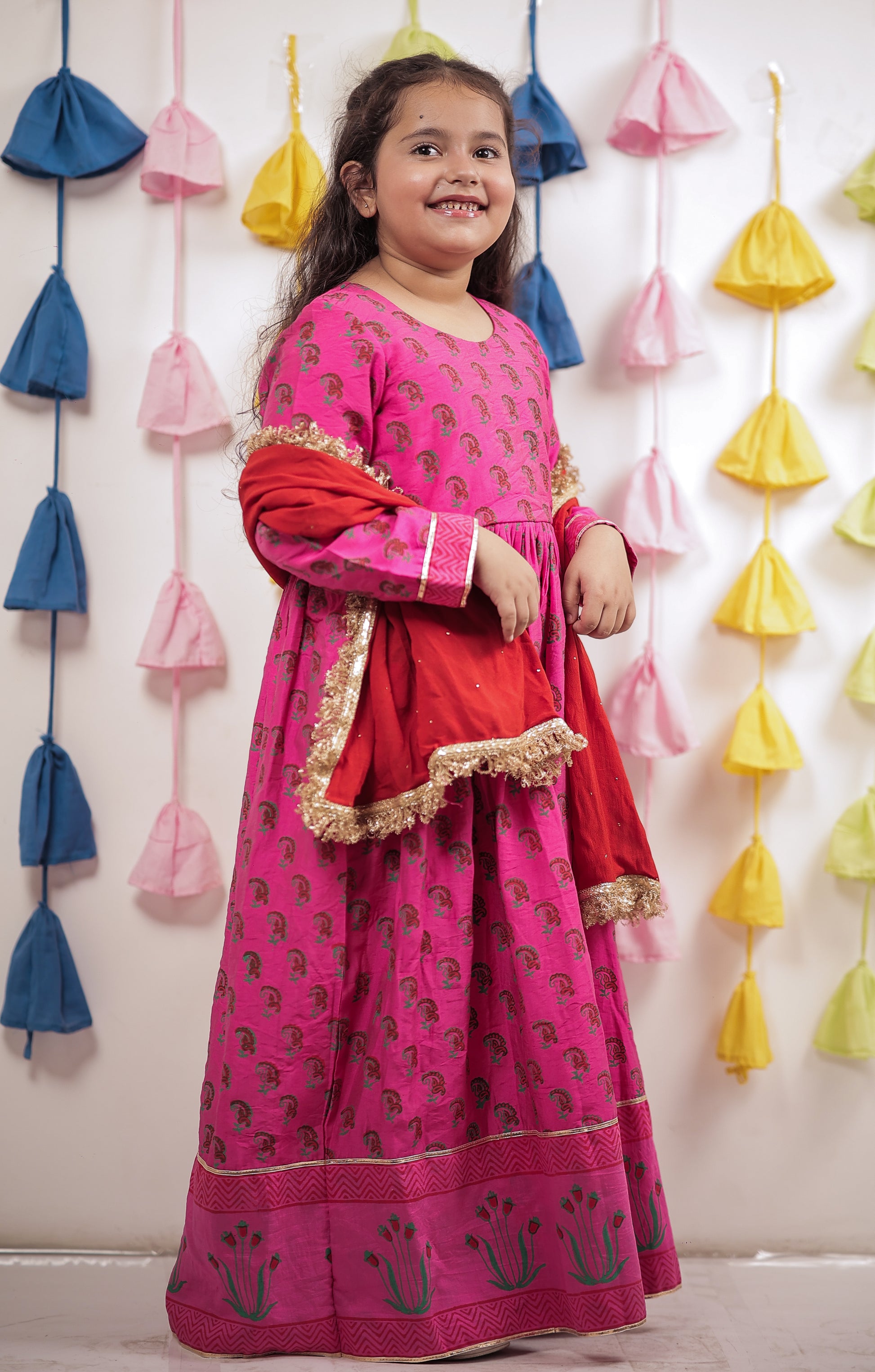 Pink block Printed Anarkali with Dupatta.