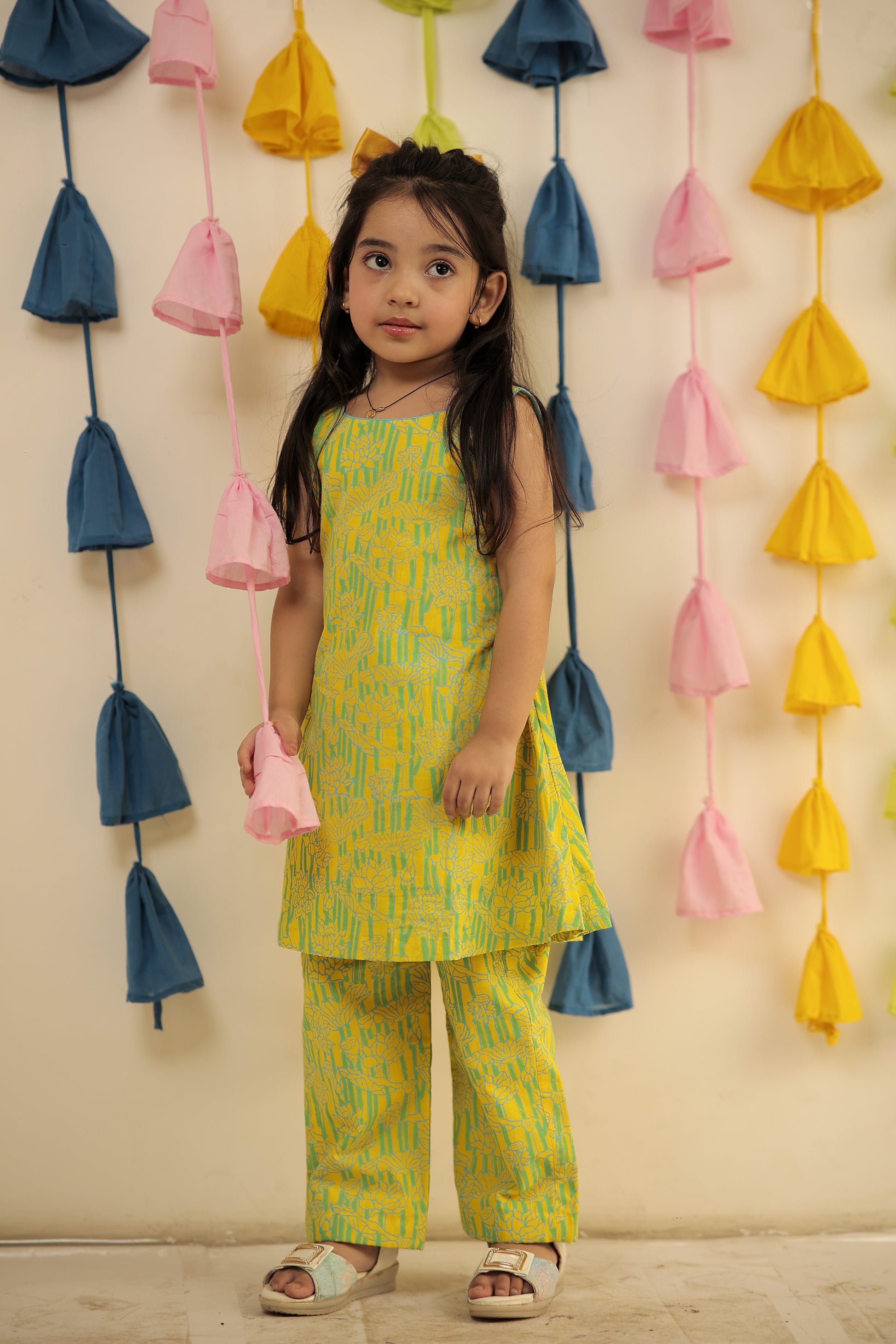Lemon yellow Block printed kurta set with pants.