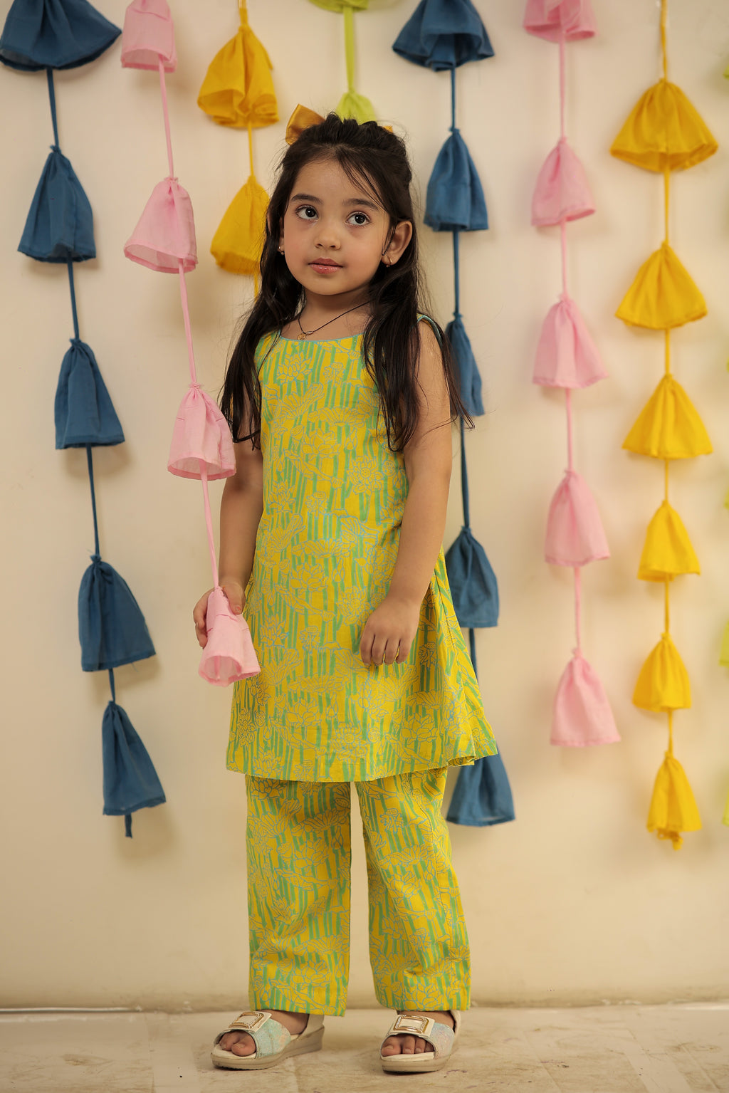 Lemon yellow Block printed kurta set with pants.