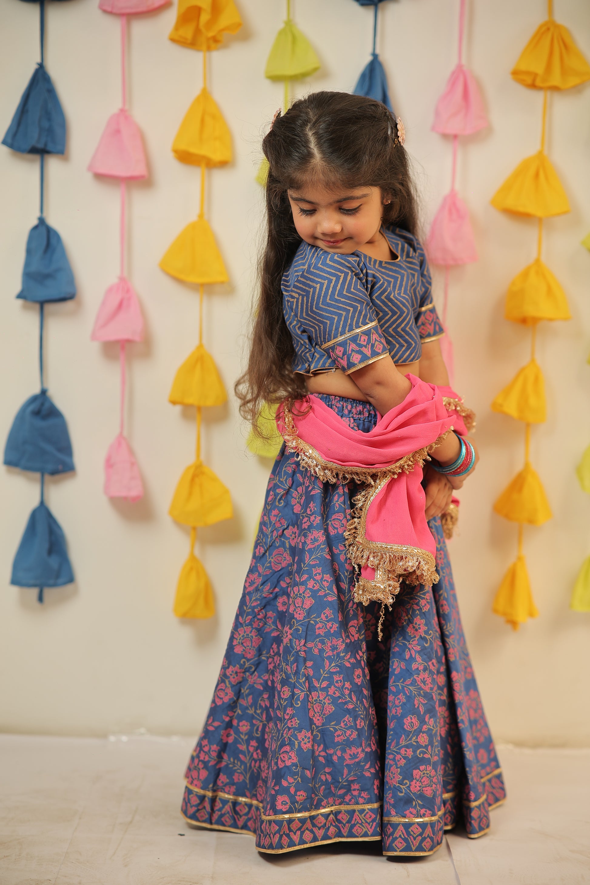 Blue block Printed lehenga set.