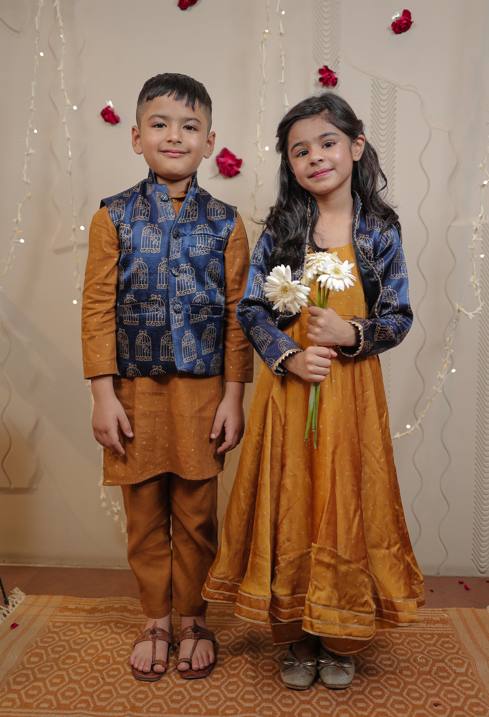 Mustard kurta set with short jacket