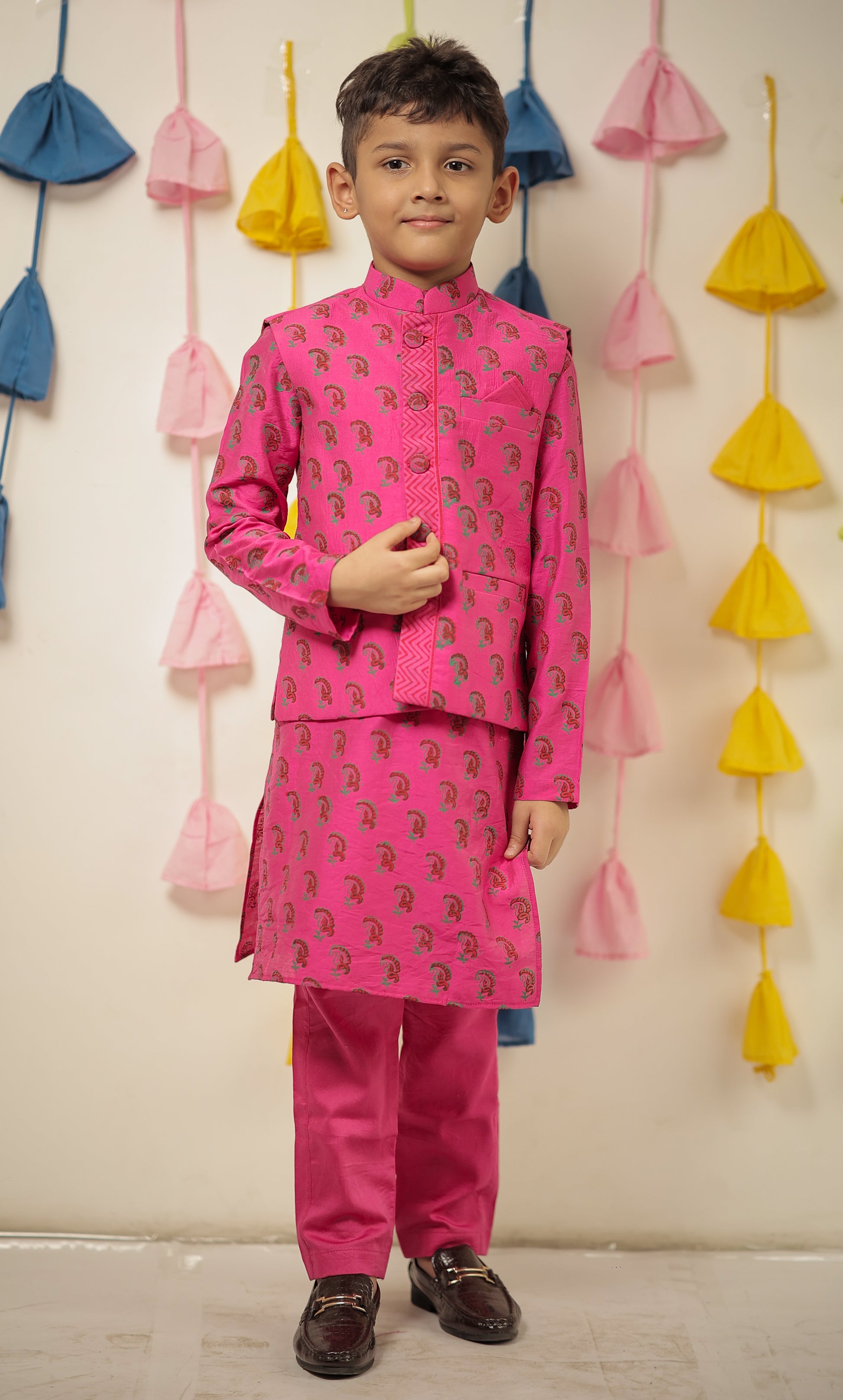 Pink block printed kurta set with jacket
