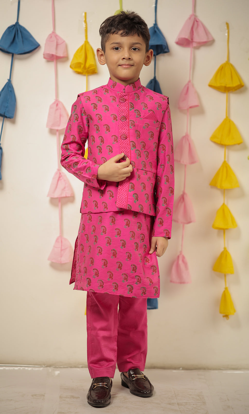 Pink block printed kurta set with jacket
