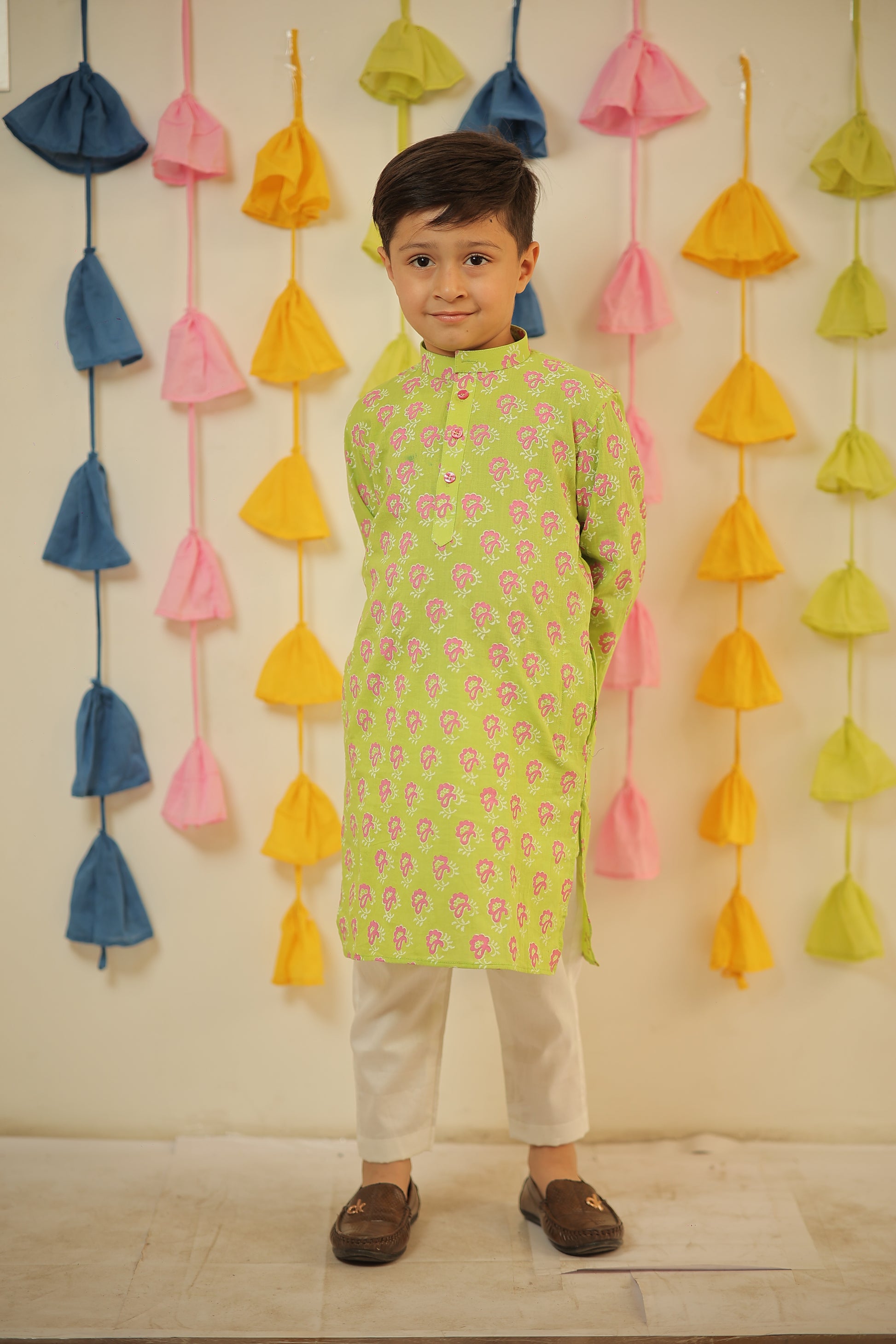 Green block printed kurta set.