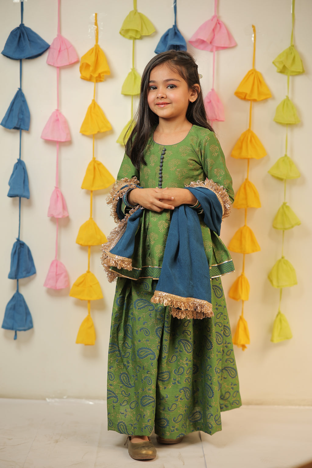 Green block Printed kurta with sharara and Dupatta set.