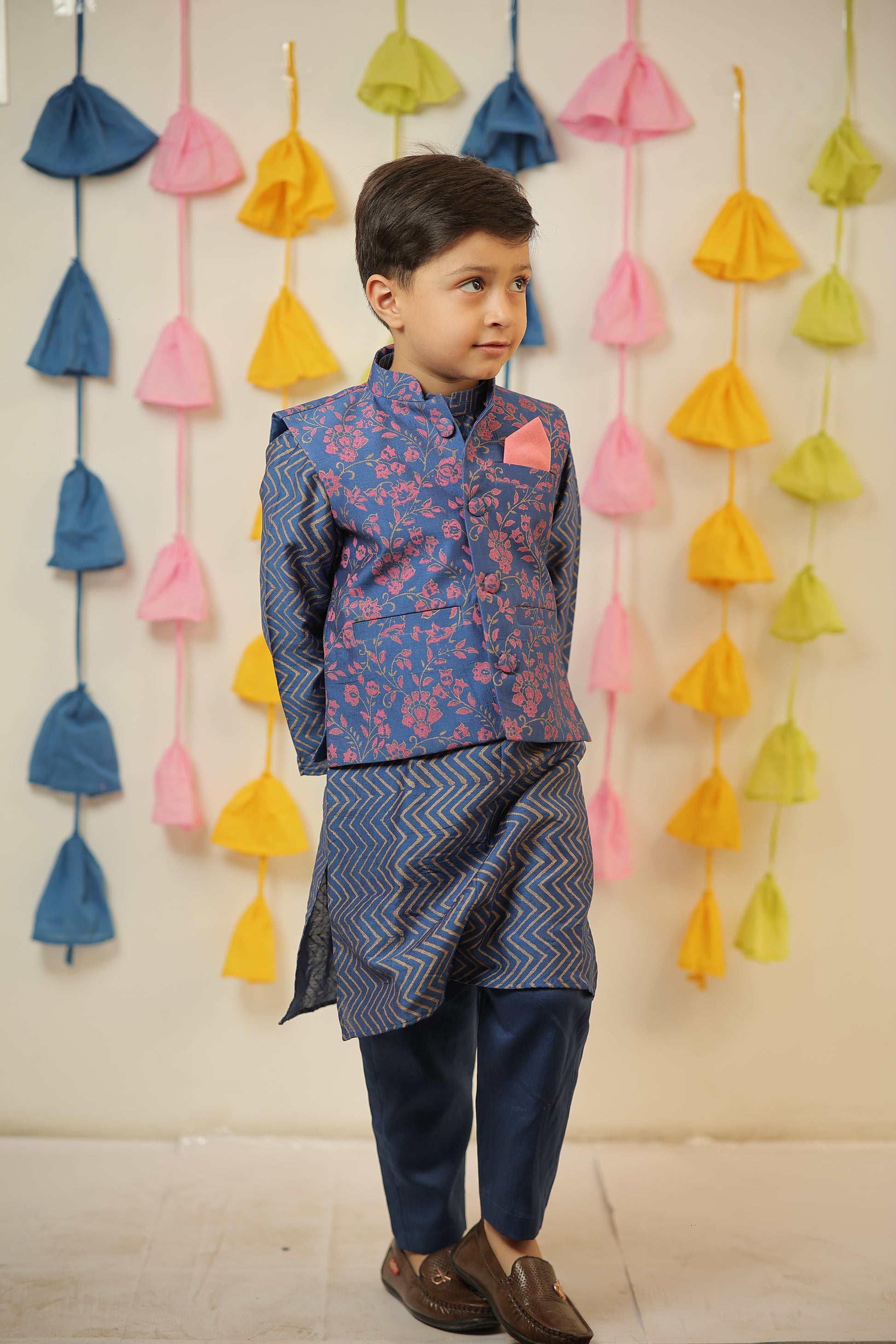 Blue block printed kurta set with jacket
