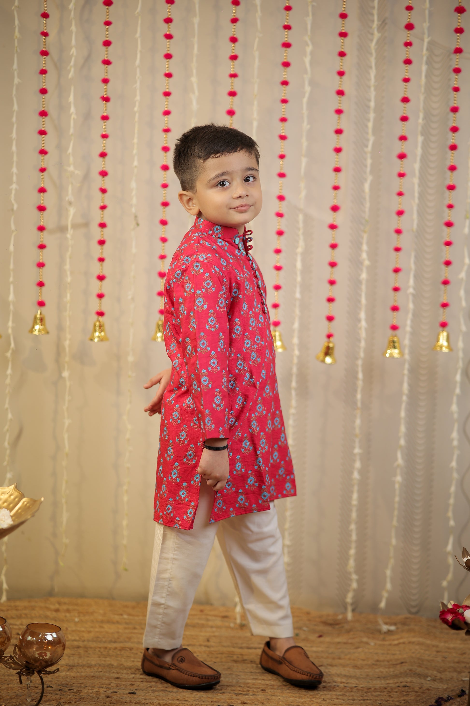 Pink block printed kurta set.