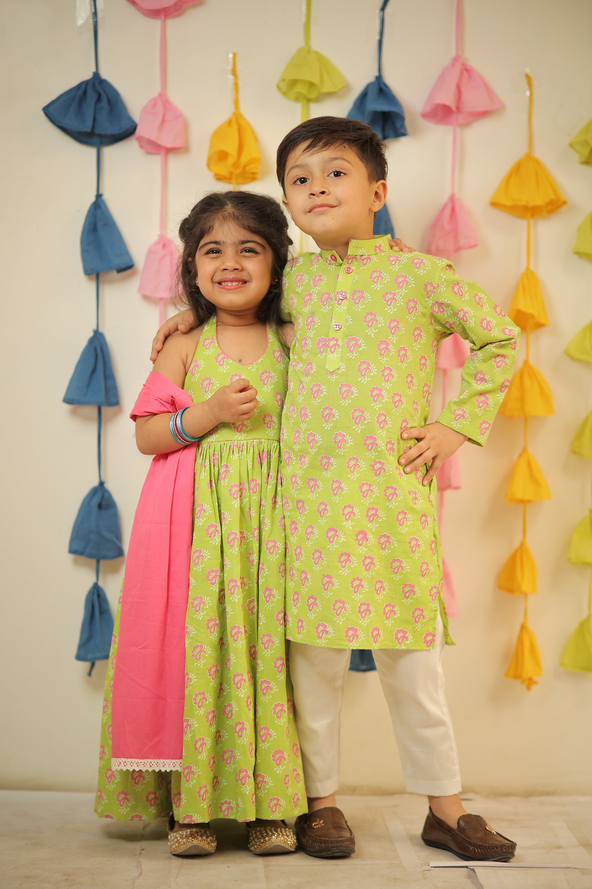 Green full length block printed kurta with dupatta.