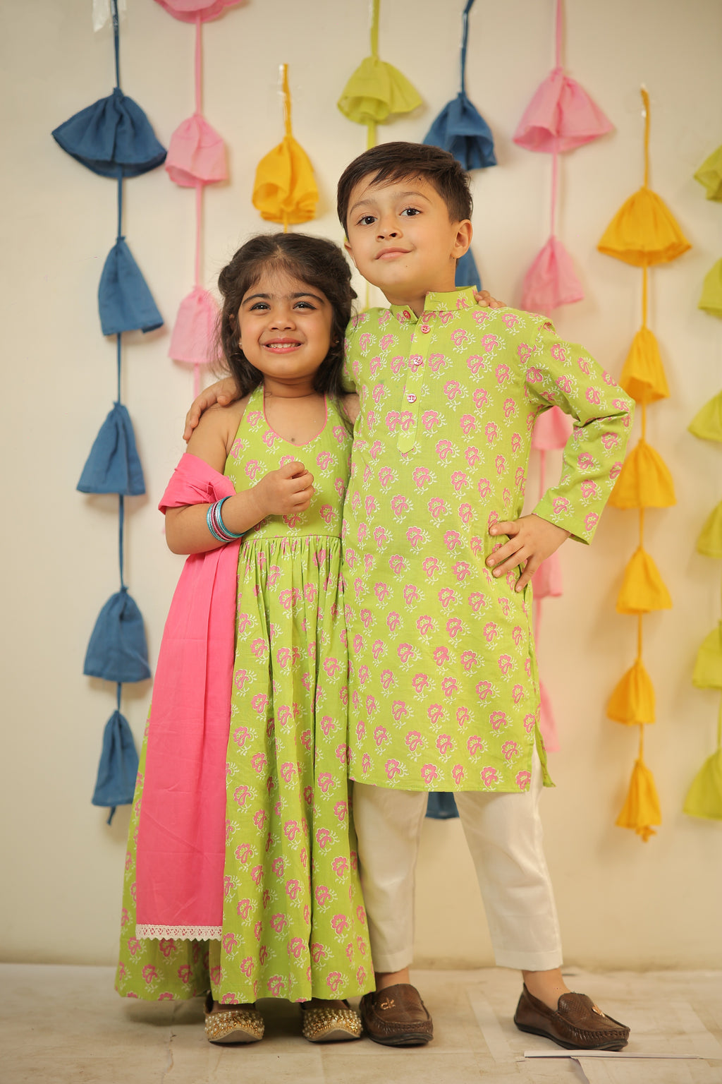 Green full length block printed kurta with dupatta.